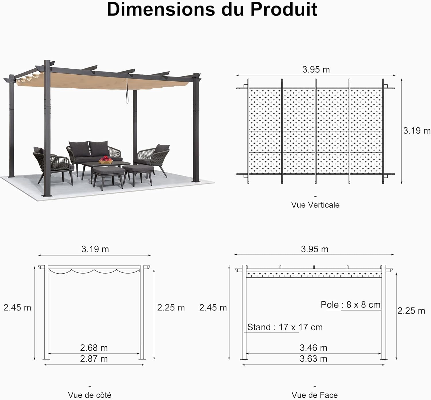PURPLE LEAF - Pergola Aluminium - 4x3,2m - LED intégrée, toit rétractable, kaki