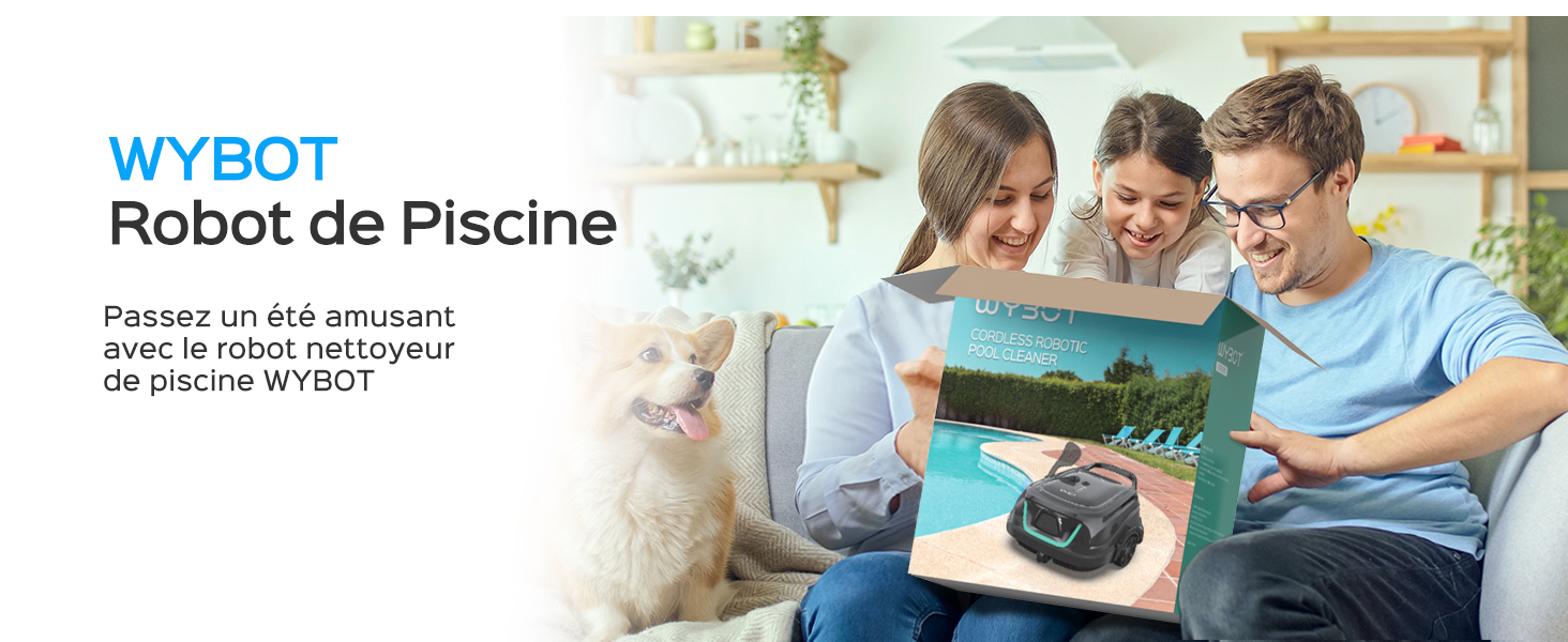 du robot de nettoyage de piscine WYBOT montrant l'interface de contrôle de l'appareil sur l'écran de la tablette avec la famille réunie pour la visionner