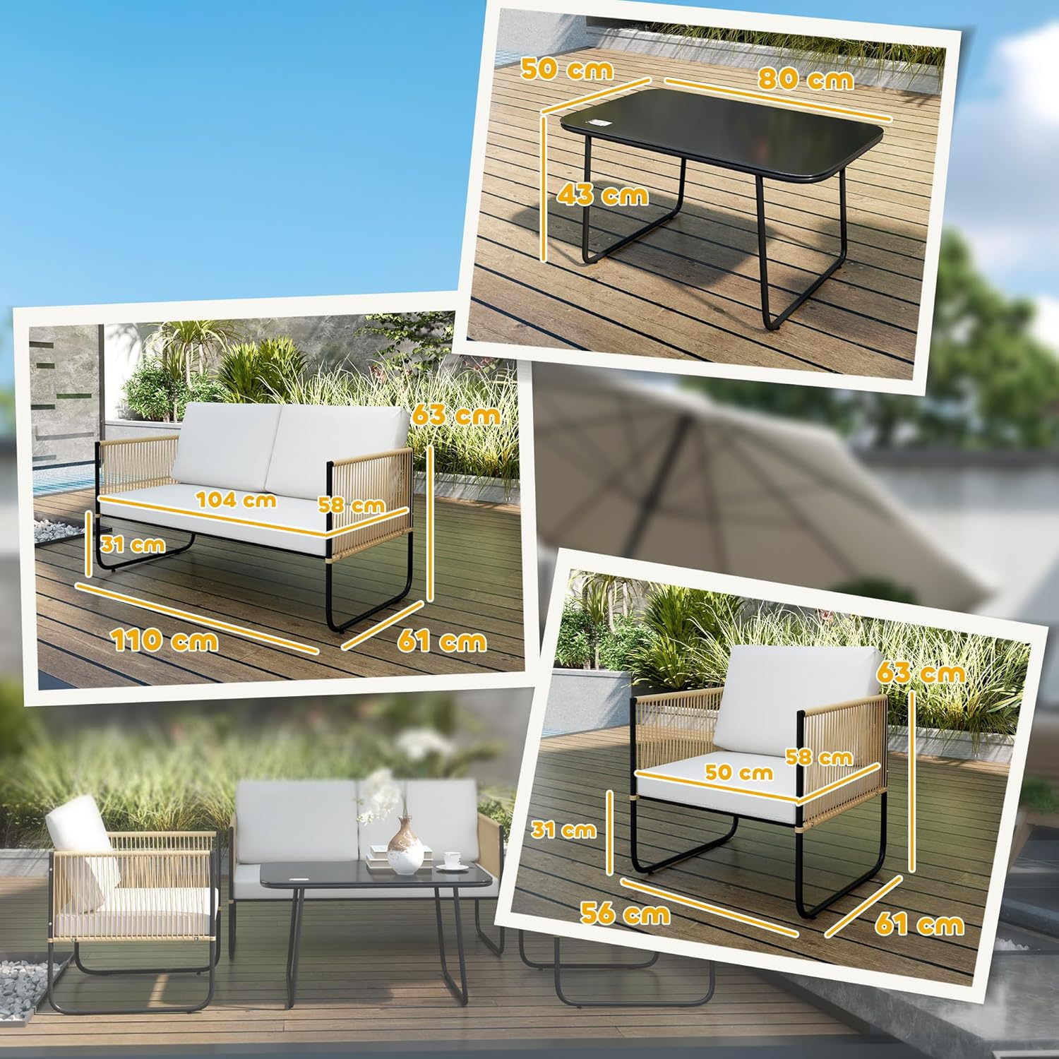 Outsunny - salon de jardin 4 places, résine tressée crème, coussins déhoussables, table verre