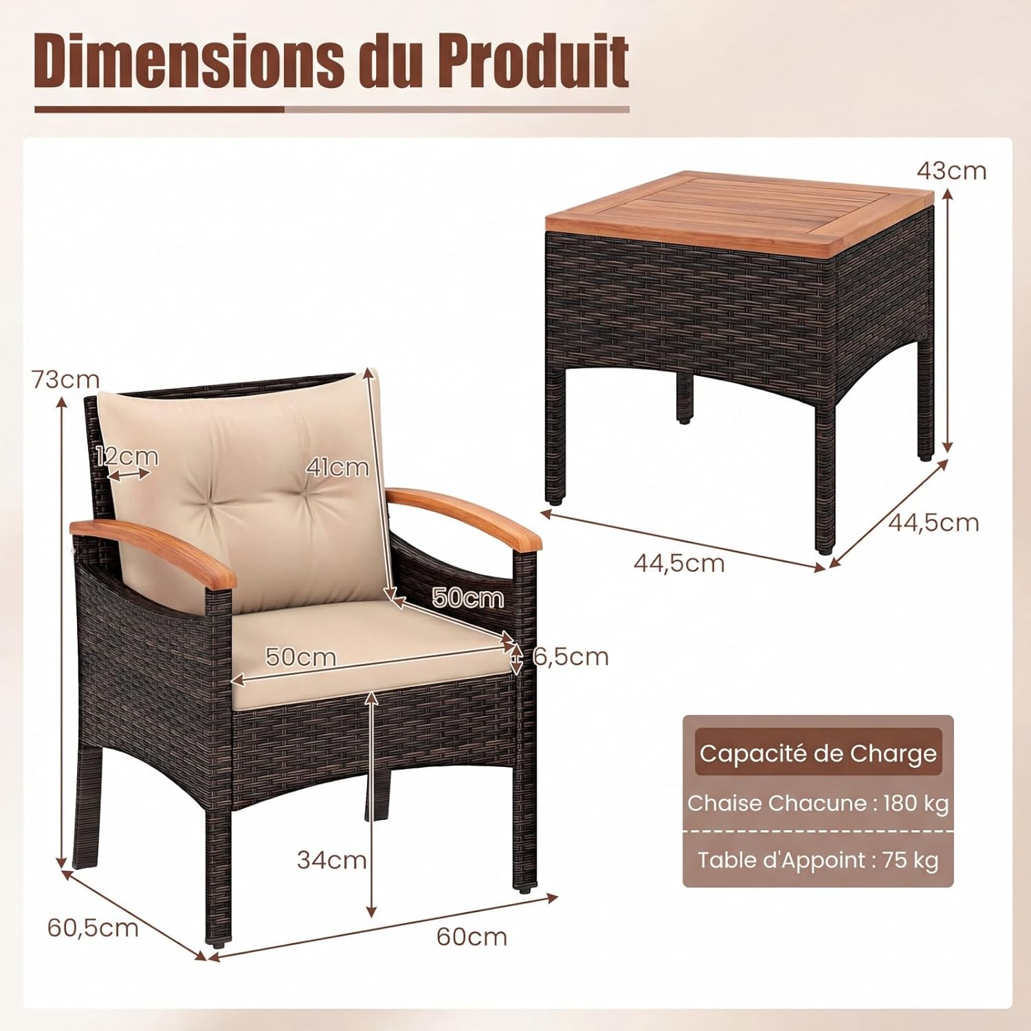 COSTWAY - Salon de Jardin 3 pcs - rotin PE, bois acacia, coussins amovibles, jaune terre