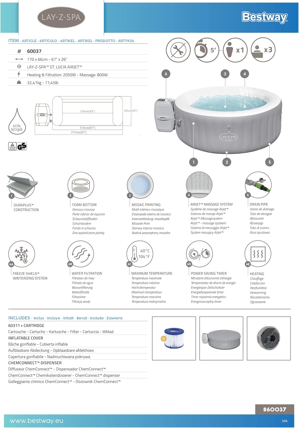 Bestway – St. Lucia AirJet – rond 170 cm – spa gonflable 2-3 pers