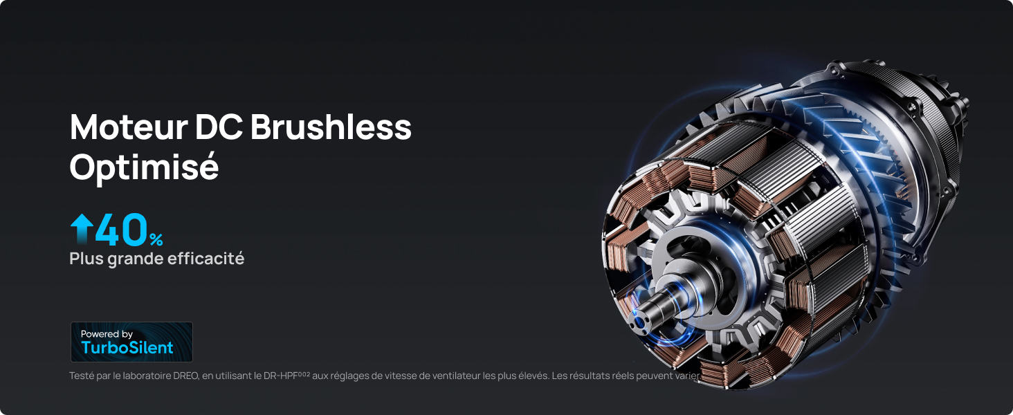Le texte indique « Moteur DC Brushless Optimisé » et « 140 ». Schéma technique d'un moteur à courant continu sans balais bleu dont les composants internes sont visibles sur fond sombre.