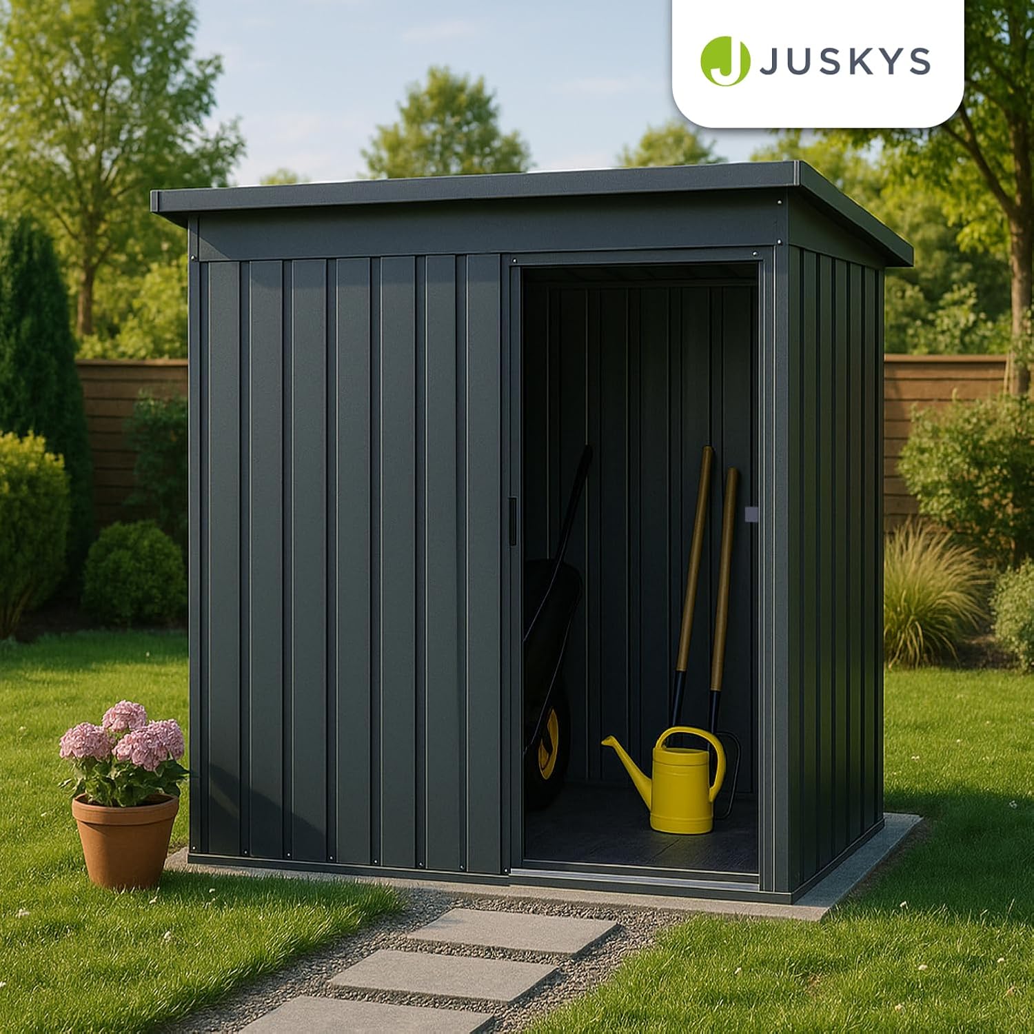 Juskys - abri métallique S - fondation, porte coulissante, verrou, gris