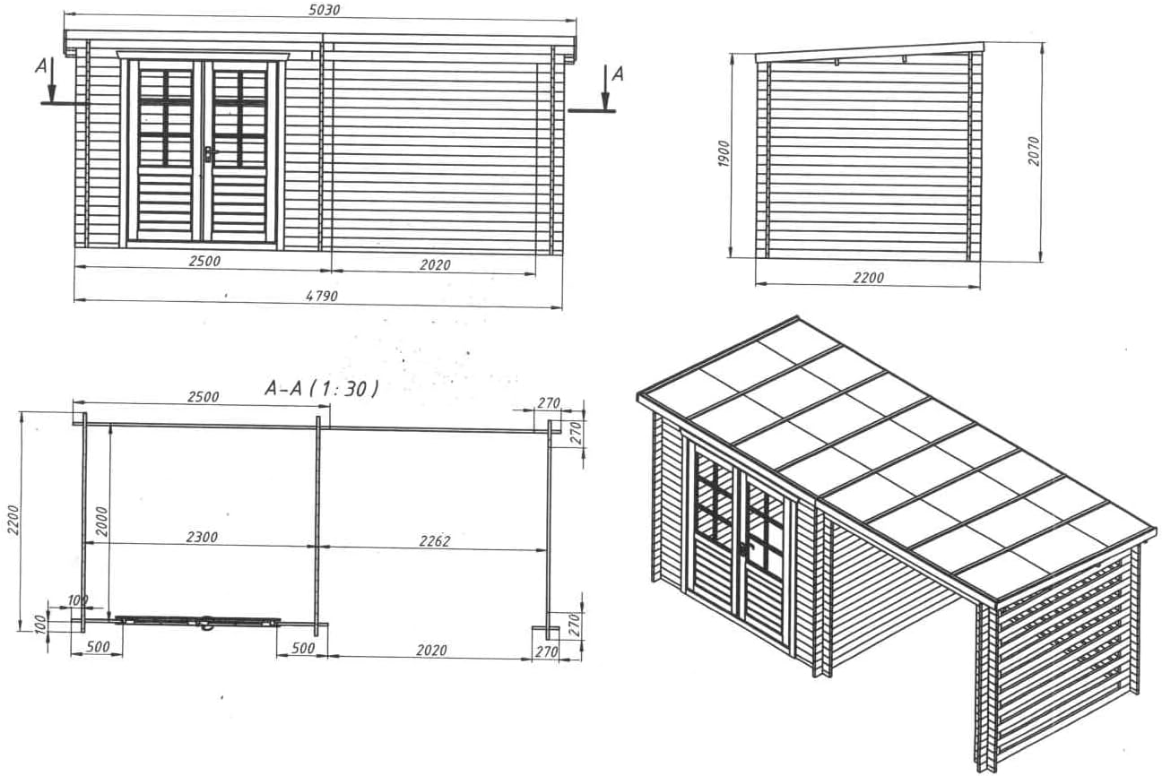 Abri de jardin - double espace - 10.5m², 479x220cm, 19mm INT046