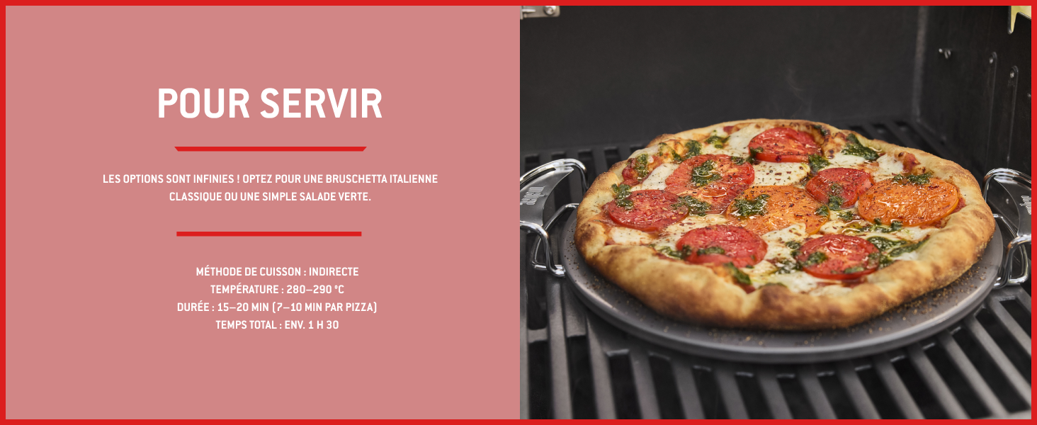 Le texte se lit comme suit : « POUR SERVIR ». Plusieurs images marketing montrant des pizzas sur des assiettes et un grill, mettant en vedette des photographies culinaires professionnelles de pizzas préparées avec diverses garnitures.