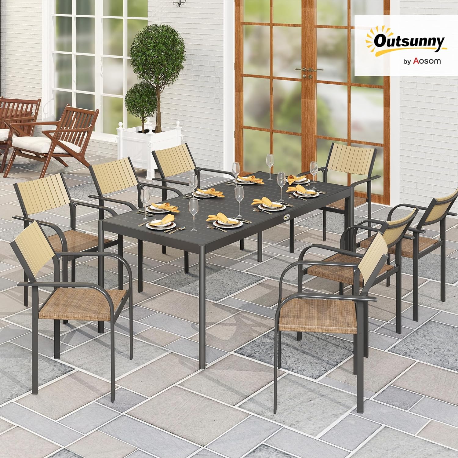 Outsunny - Table de jardin 8 personnes - acier, plateau lattes, anti-rouille, gris foncé