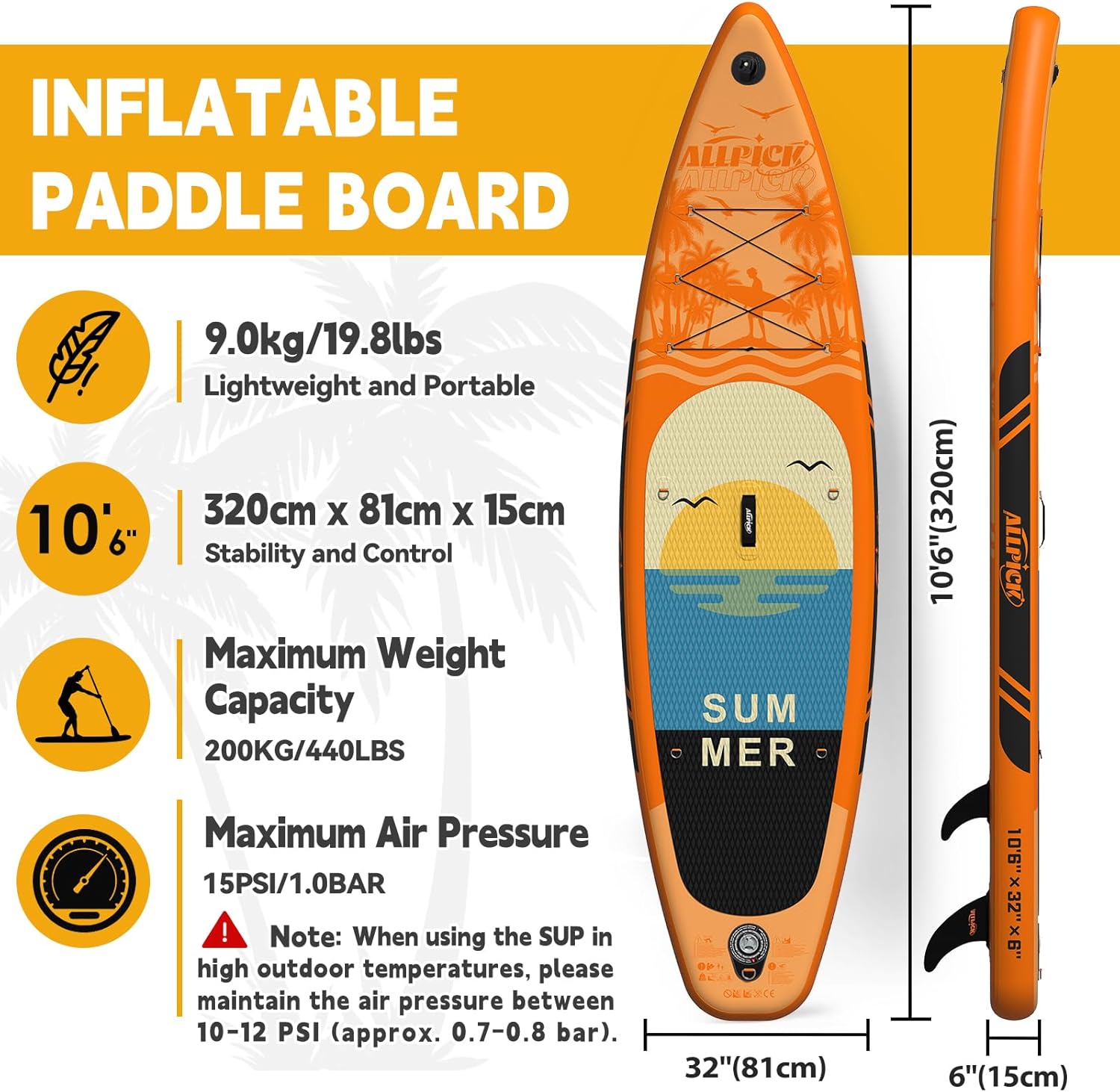 ALLPICK - Paddle gonflable 320 cm - caméra, pagaie réglable, 200 kg