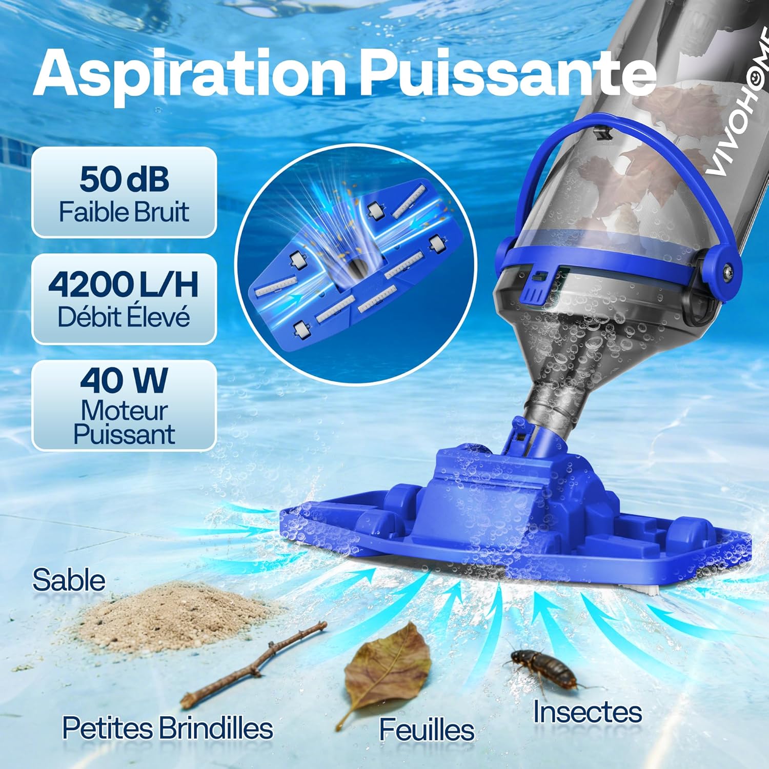 VIVOHOME - Aspirateur piscine série sans fil - 213cm - 4200LPH, 4 sacs filtrants, autonomie 60 min