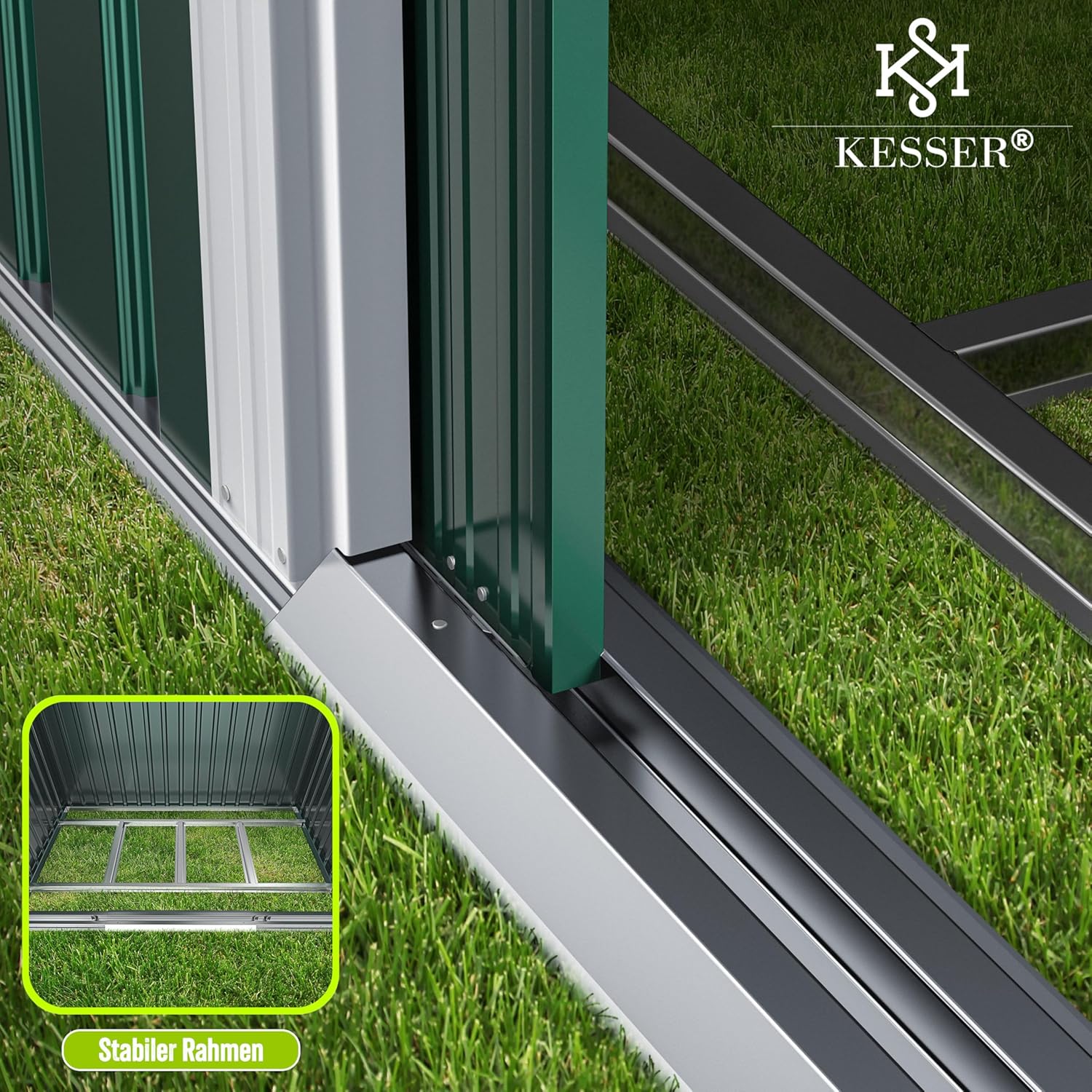 KESSER® Abri de Jardin XL en métal de 4,2 m³ avec Fondation, Gants de Travail, 182 x 118 x 186 cm, 2 Portes coulissantes, Abri à Outils, Armoire, Toit à Pente de Jardin Vert