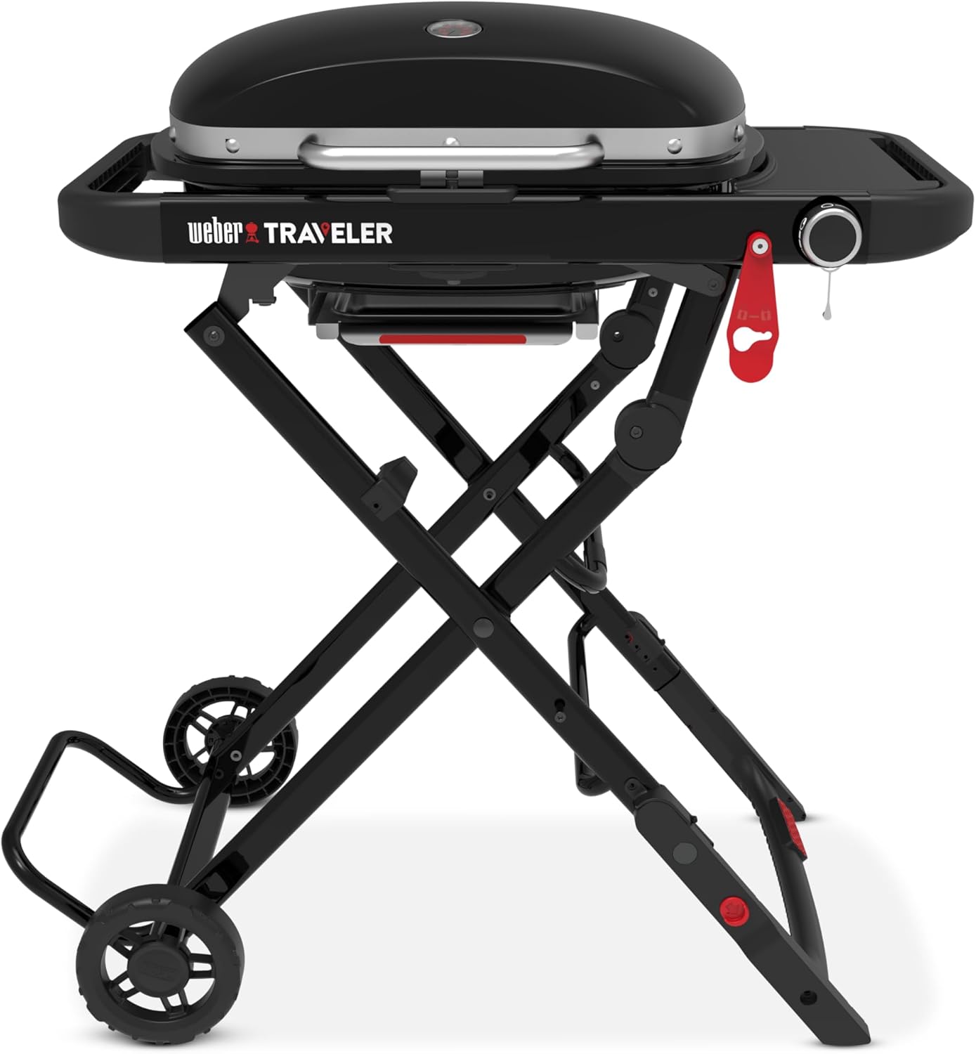 Weber Traveler Compact barbecue à gaz/design pliable et portable avec roues, verrouillage automatique du couvercle et thermomètre intégré, 1 brûleur, surface de cuisson 52 x 36 cm, noir