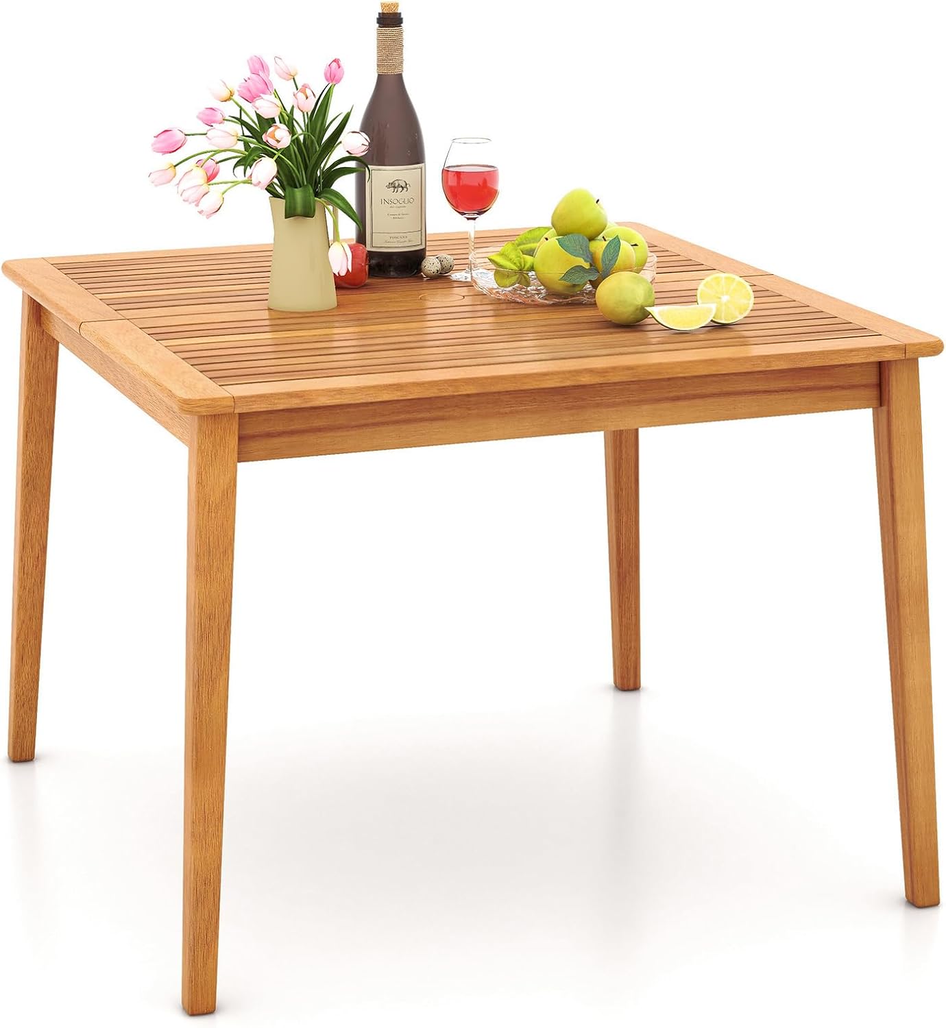 COSTWAY – Table de jardin carrée 100x100 cm – bois d’acacia, trou parasol