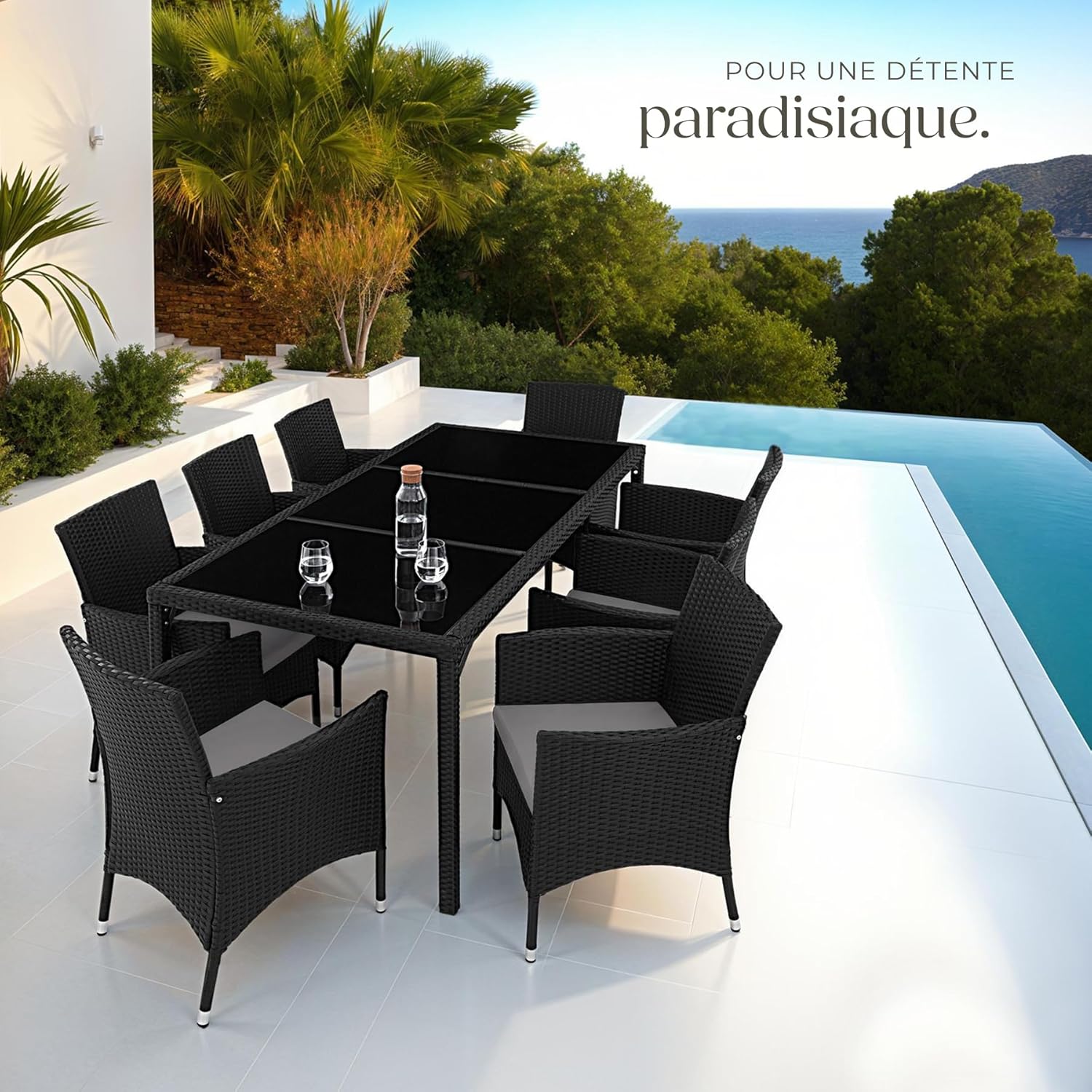 tectake - Salon de jardin 8 fauteuils résine tressée - table, housse, noir/gris