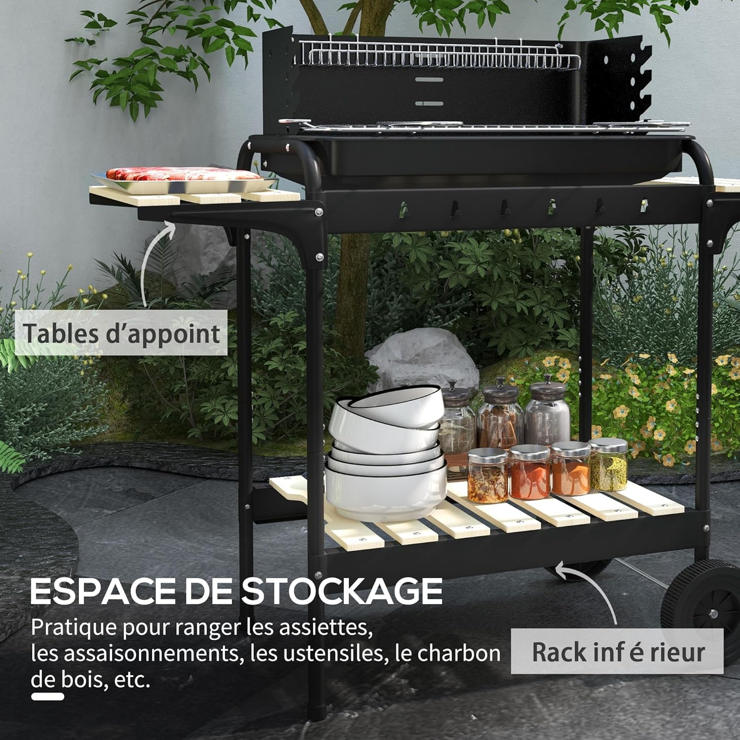 Outsunny - BBQ sur pied réglable - 103x47x95cm - 3 étagères, récupérateur de cendres, 2 roues