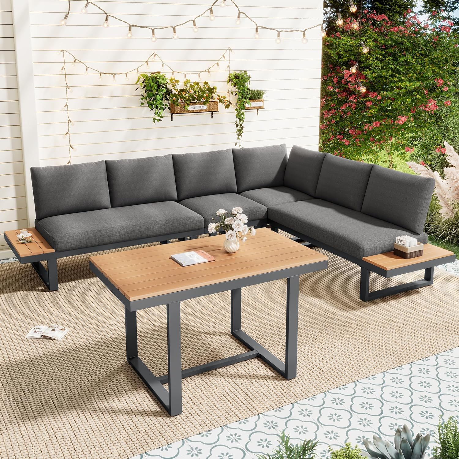 Sapgaks - Ensemble salon jardin inclinable 5 positions - structure acier, plateau bois-plastique, table incluse - gris/n