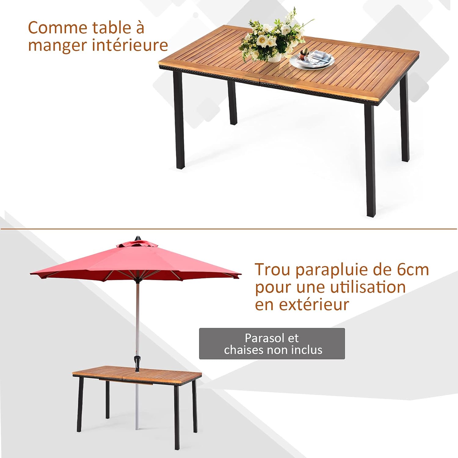 Costway - Table à manger bois et acier - 140x75x76 cm - trou parasol