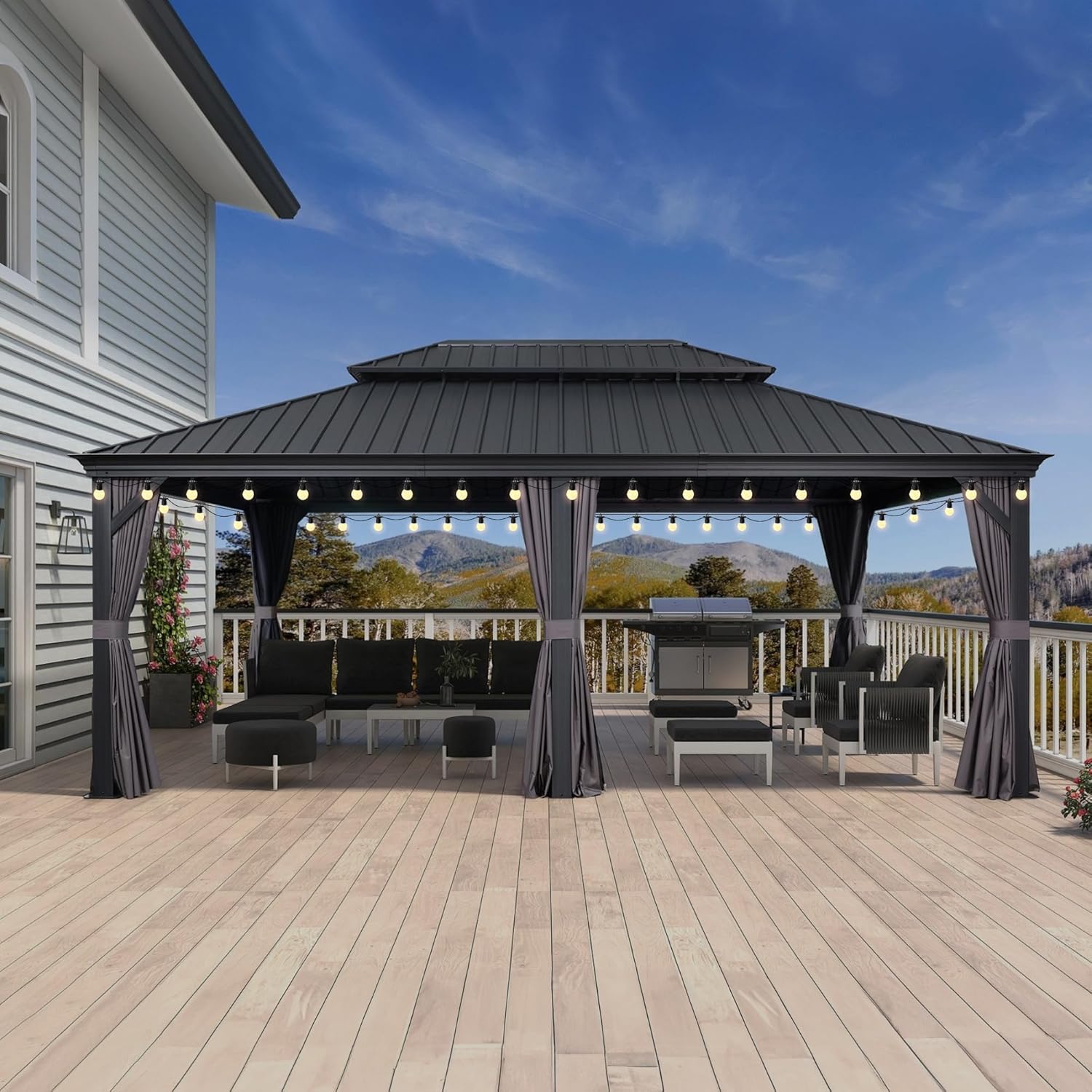 PURPLE LEAF - Pergola série extérieure - 7.32x4.25m - alu, éclairage, moustiquaire, rideaux, gouttière, poteaux renforcé