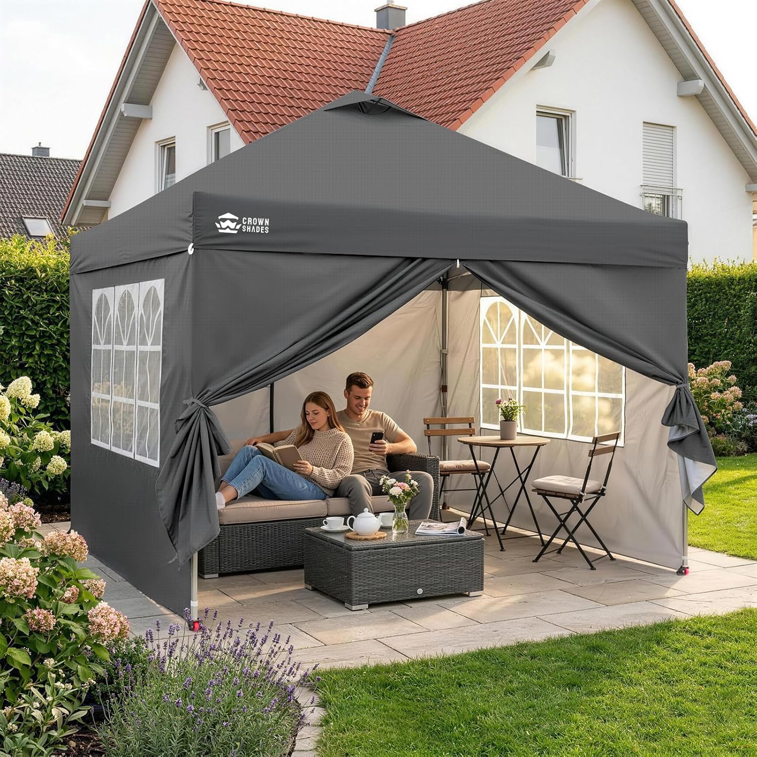 CROWN SHADES Tonnelle Pliante 3x3 Imperméable, Barnum Pliant de Jardin Exterieur, Pop-Up Gazebo avec Sac de Rangement, UPF 50+, avec 4 Parois Latérales Amovible, 4 Sac de Sable, Gris