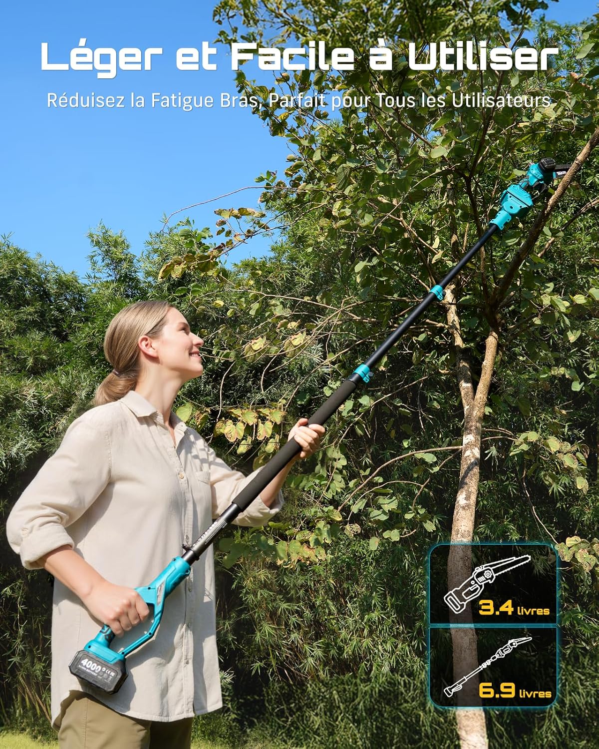 SEESII 2-in-1 Elagueuse sur Perche, Mini Tronçonneuse Brushless 6 Pouces avec 2 x 4000 mAh Batteries, Coupe Branche Telescopique, Portée 4,87 M, Idéal Extérieur & Jardinage