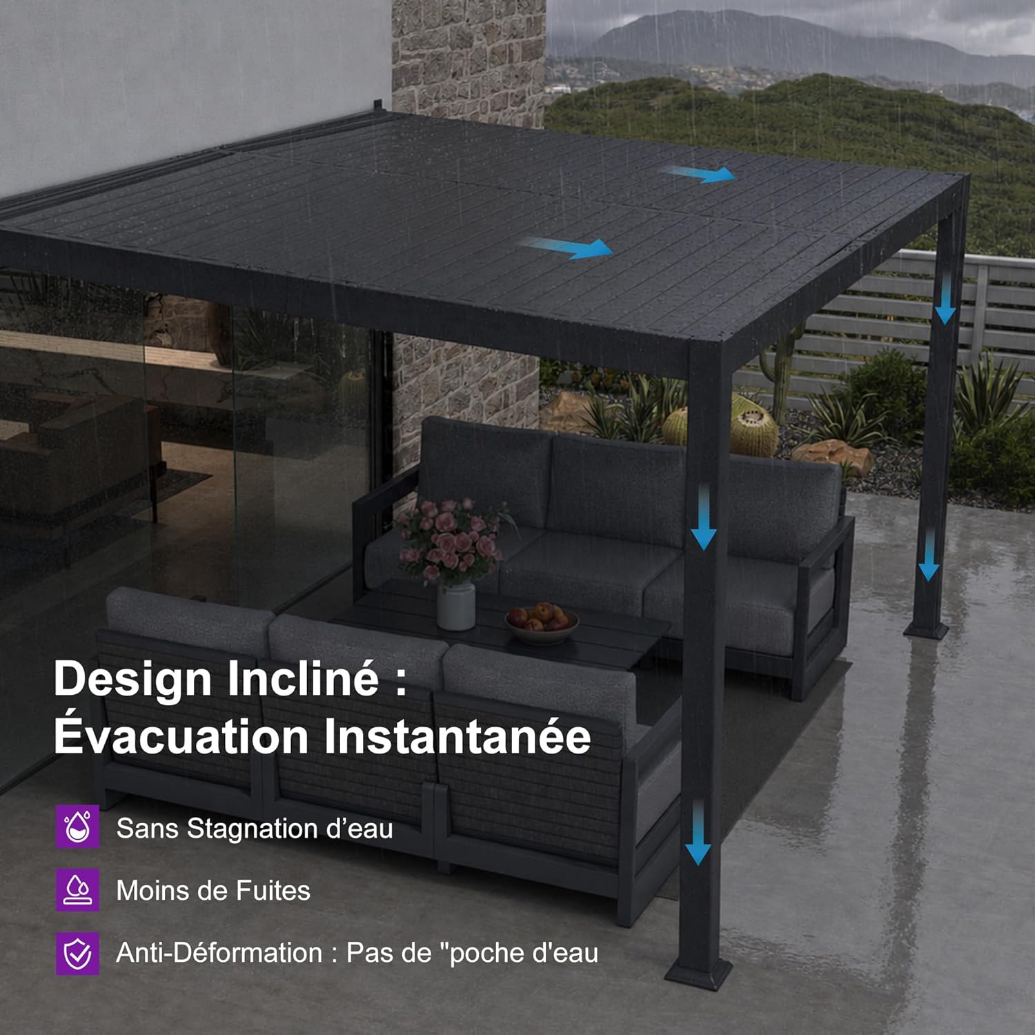 PURPLE LEAF - Pergola bioclimatique adossée - 3x4,25m - aluminium, lames orientables, résistante UV et pluie
