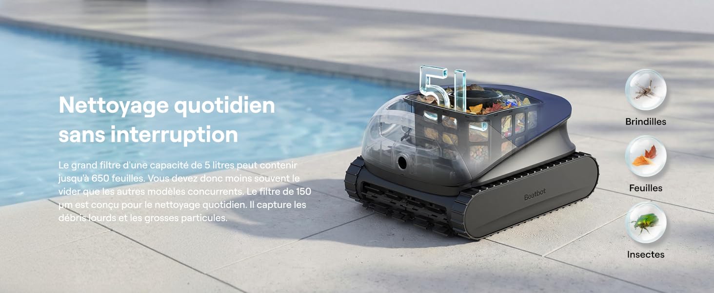 Le texte se lit comme suit : « Nettoyage quotidien sans interruption ». Un robot nettoyeur de piscine est illustré en train de fonctionner sous l'eau sur le fond de la piscine, avec des icônes indiquant les différentes fonctions de nettoyage.