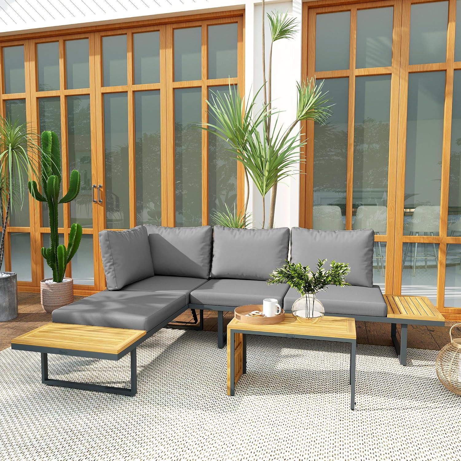 Outsunny - salon de jardin bois acacia 6 places modulable - coussins, dossier ajustable, gris