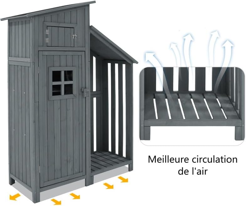 Abri de Jardin en Bois 124x46x174cm,Rangement Outils de Jardin,Cabane de Jardin Extérieur avec Serrure en PVC incliné à loquet,Gris