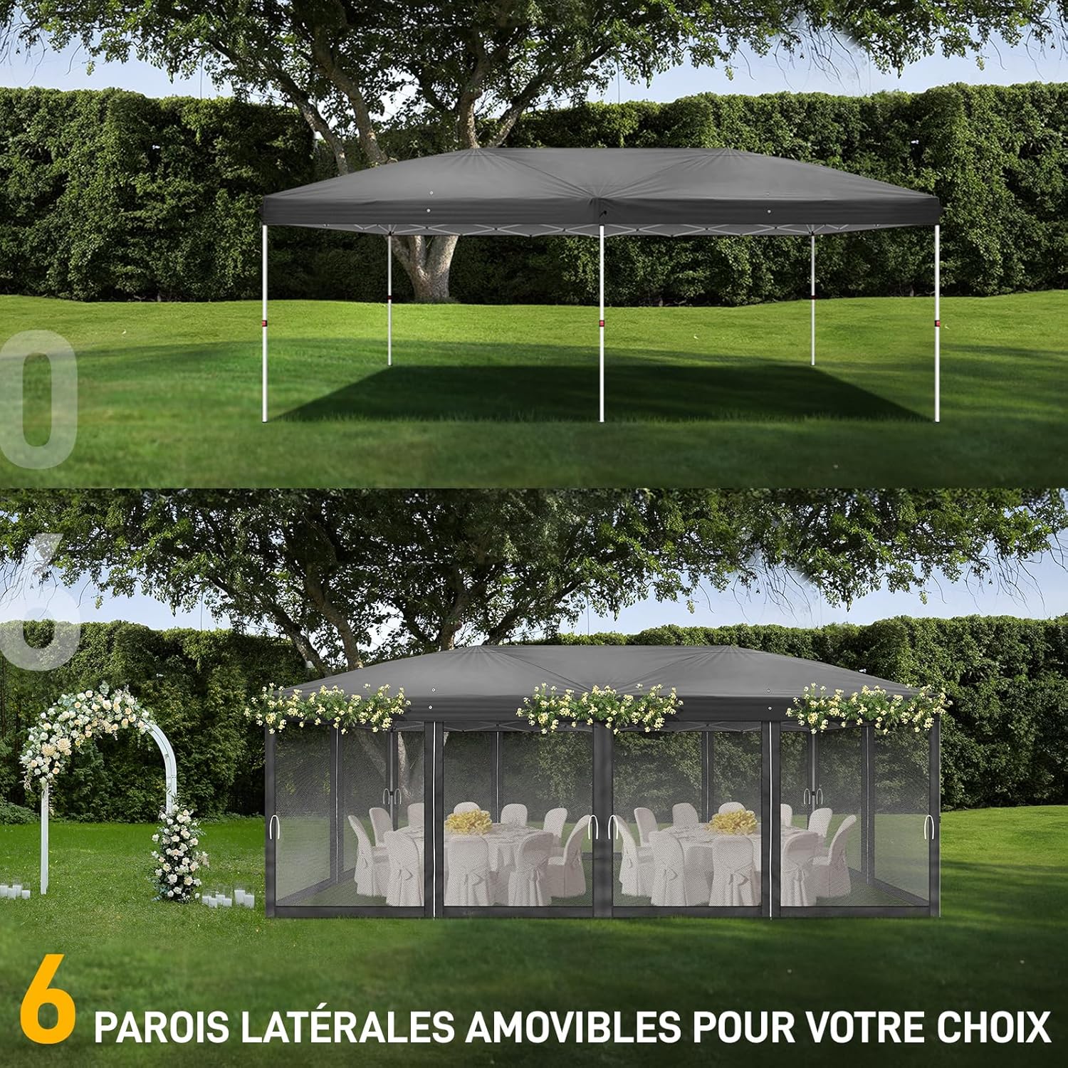 LEADZM Tonnelle Pliable 3x6 m Imperméable Anti-UV 50+, Hauteur Ajustable avec 6 Moustiquaires, Structure Stable, pour Jardin, Terrasse, Camping Et Usage Professionnel,Anthracite