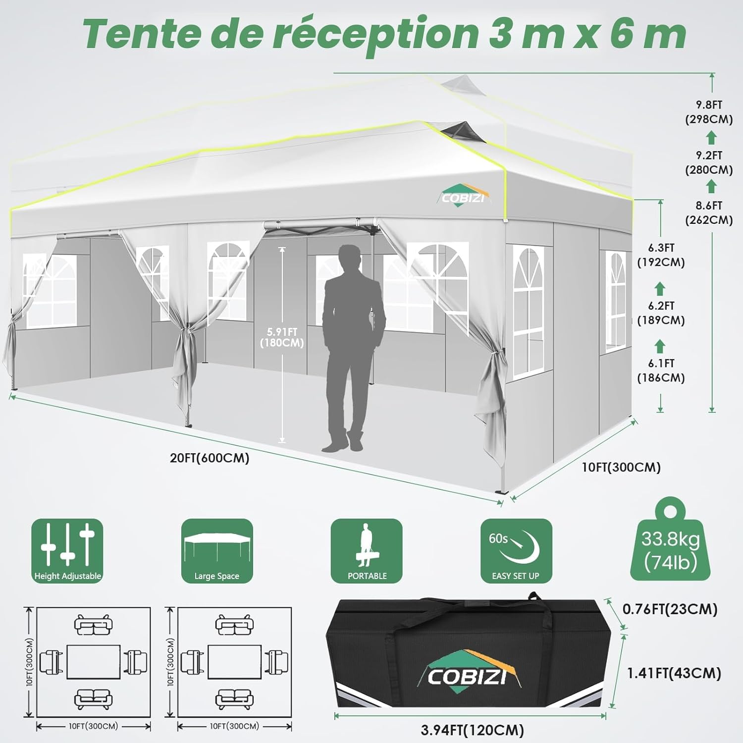 COBIZI - Barnum pliant série Jardin - 3x6m - Imperméable, anti-UV, 6 parois, sac transport