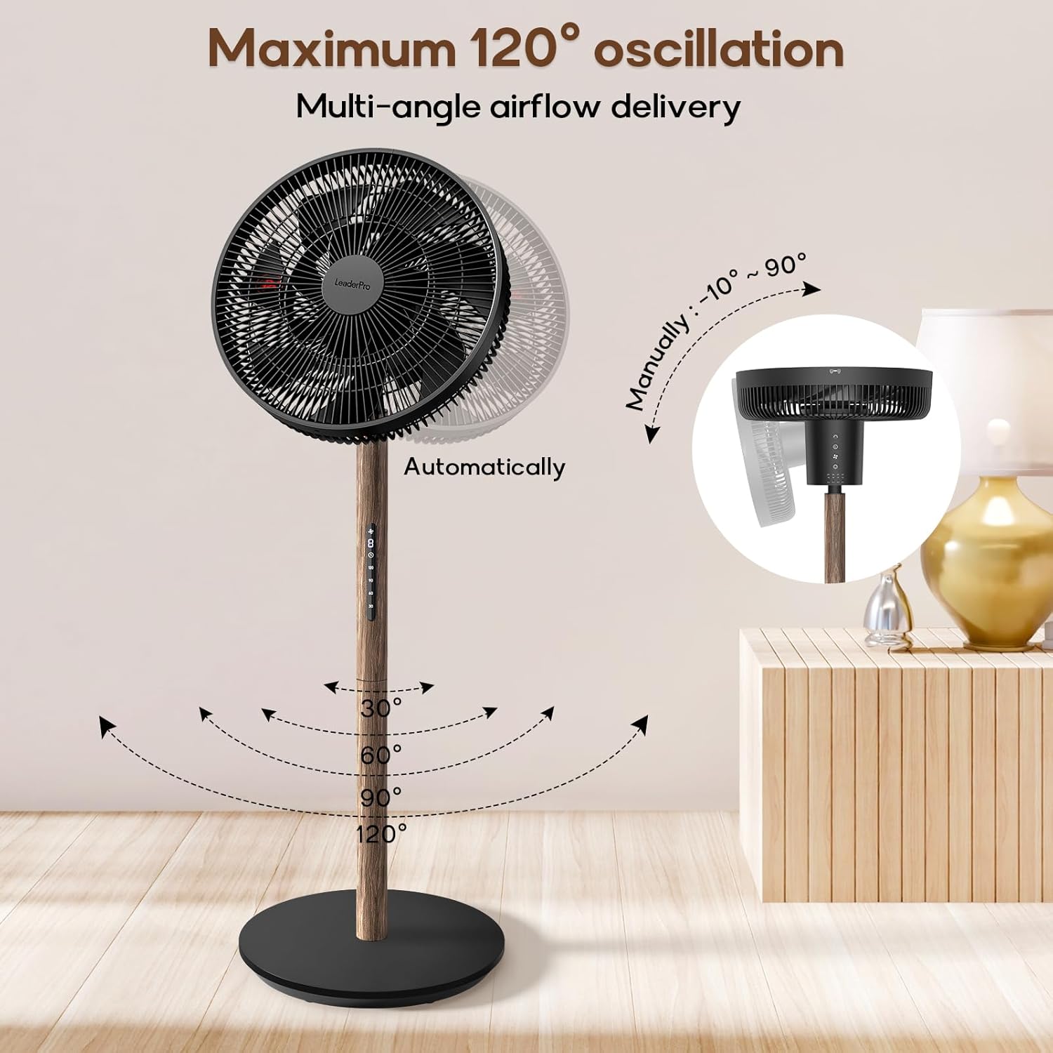 LeaderPro Ventilateur sur Pied Silencieux 12,8 dB avec Télécommande, Débit d'Air de 1980 m³/h, Double Lames Puissantes, Oscillation 120°, 8 Vitesses, Minuterie 8 h, Hauteur Réglable, Moteur DC, Noir