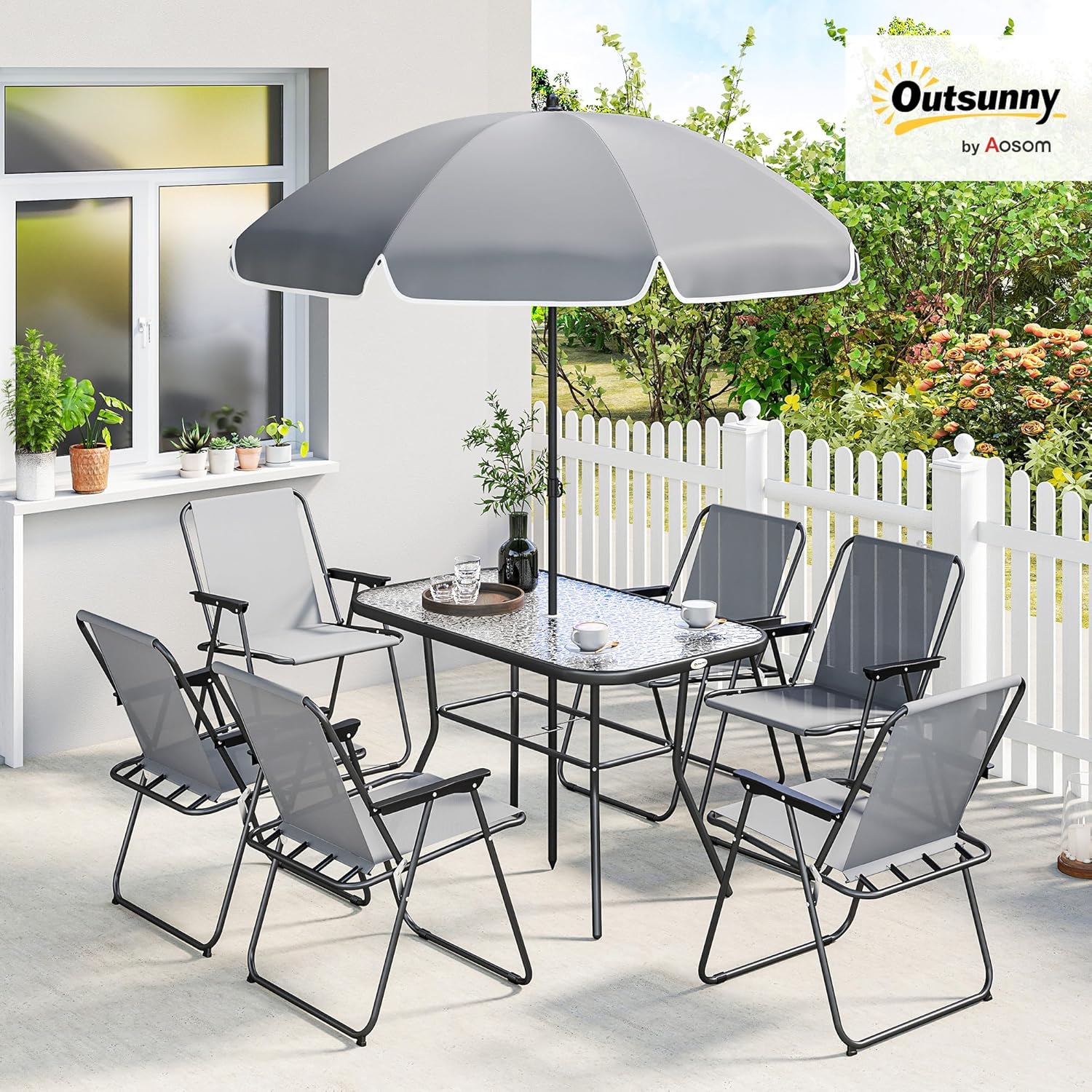 Outsunny - salon de jardin 8 pièces, table verre trempé, acier antirouille, chaises pliantes, parasol, Gris