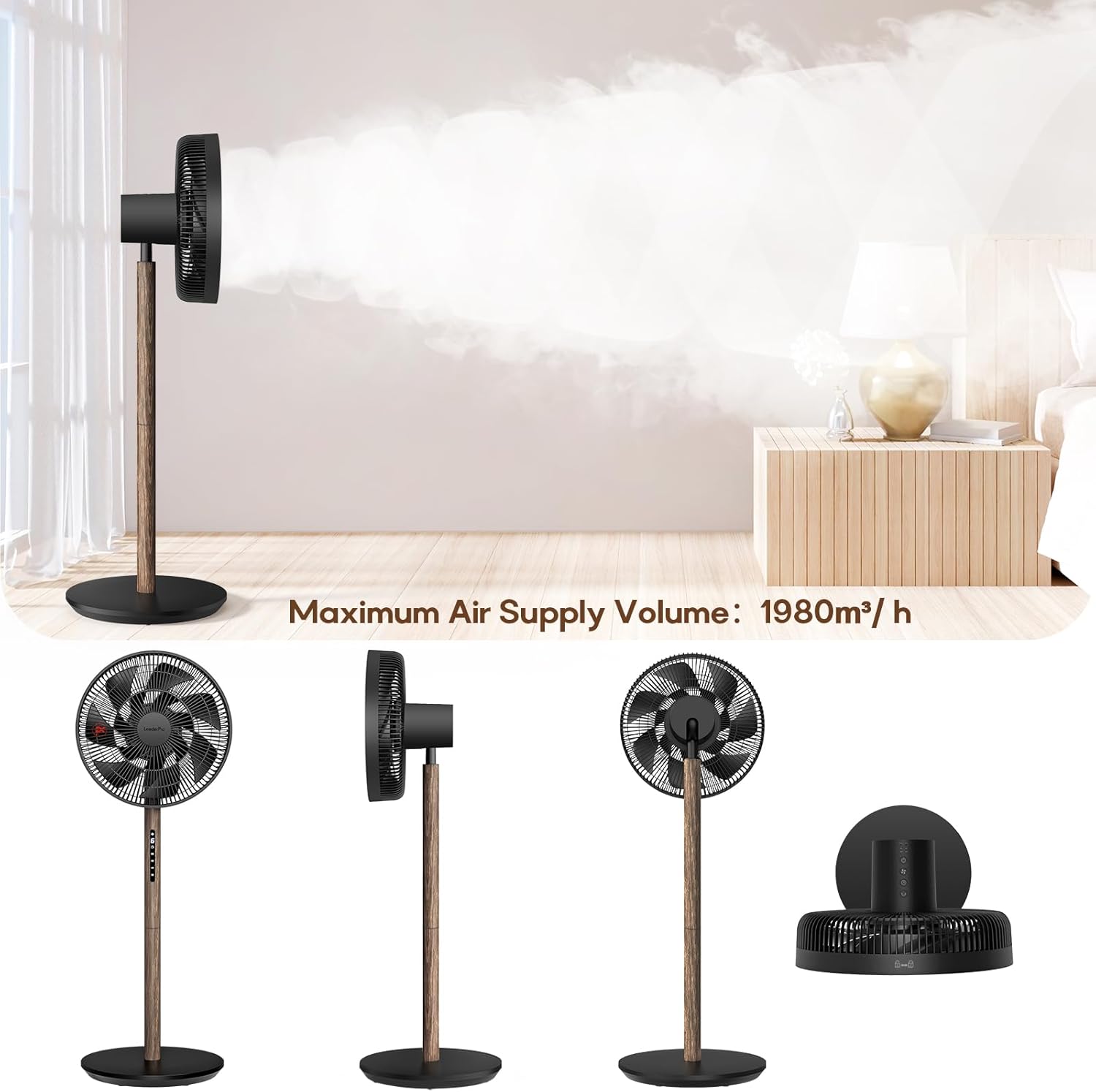 LeaderPro Ventilateur sur Pied Silencieux 12,8 dB avec Télécommande, Débit d'Air de 1980 m³/h, Double Lames Puissantes, Oscillation 120°, 8 Vitesses, Minuterie 8 h, Hauteur Réglable, Moteur DC, Noir