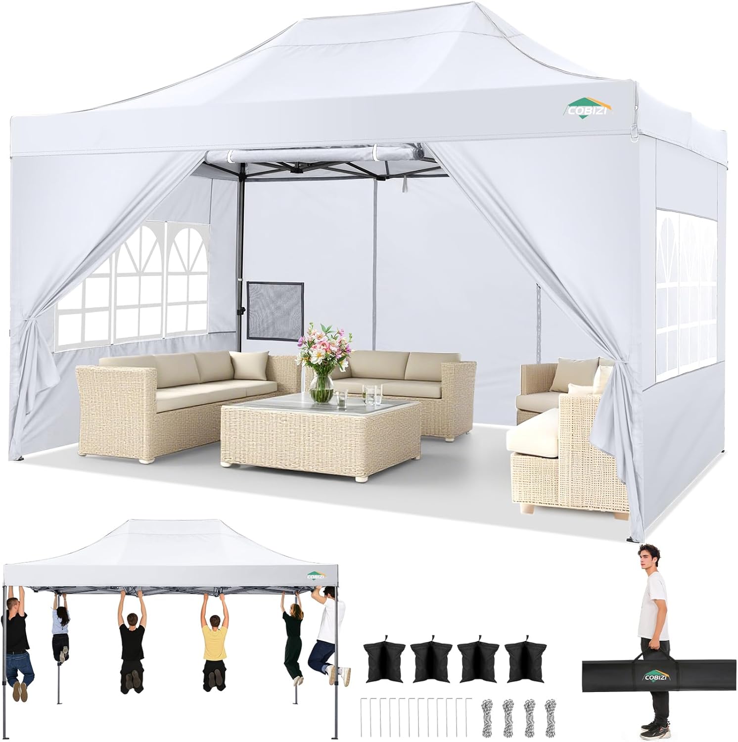 COBIZI - tonnelle pliante série - 3x4.5m - étanche, UV 50+, pliable, blanc