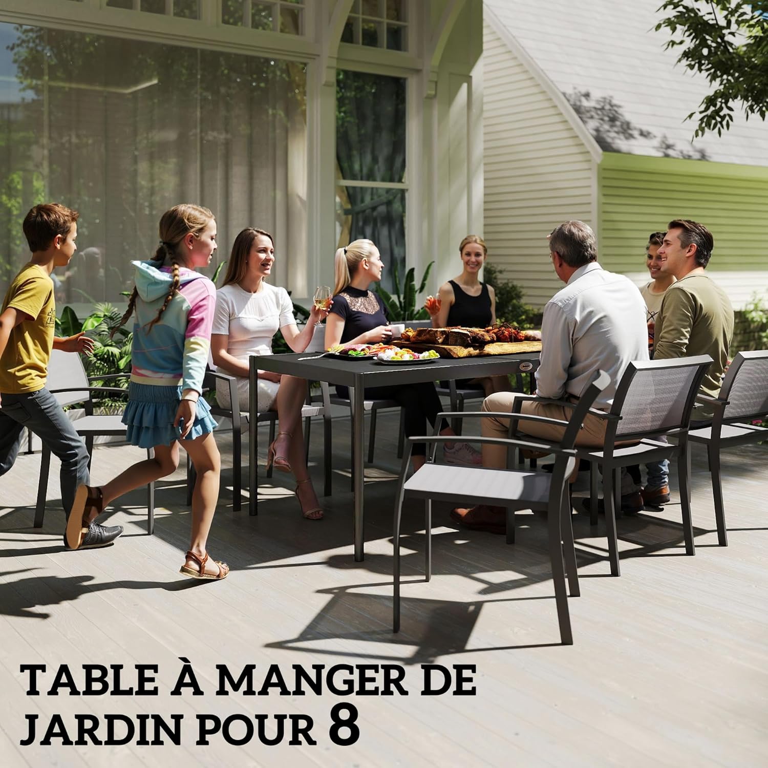 Outsunny - Table de jardin 8 personnes - acier, plateau lattes, anti-rouille, gris foncé