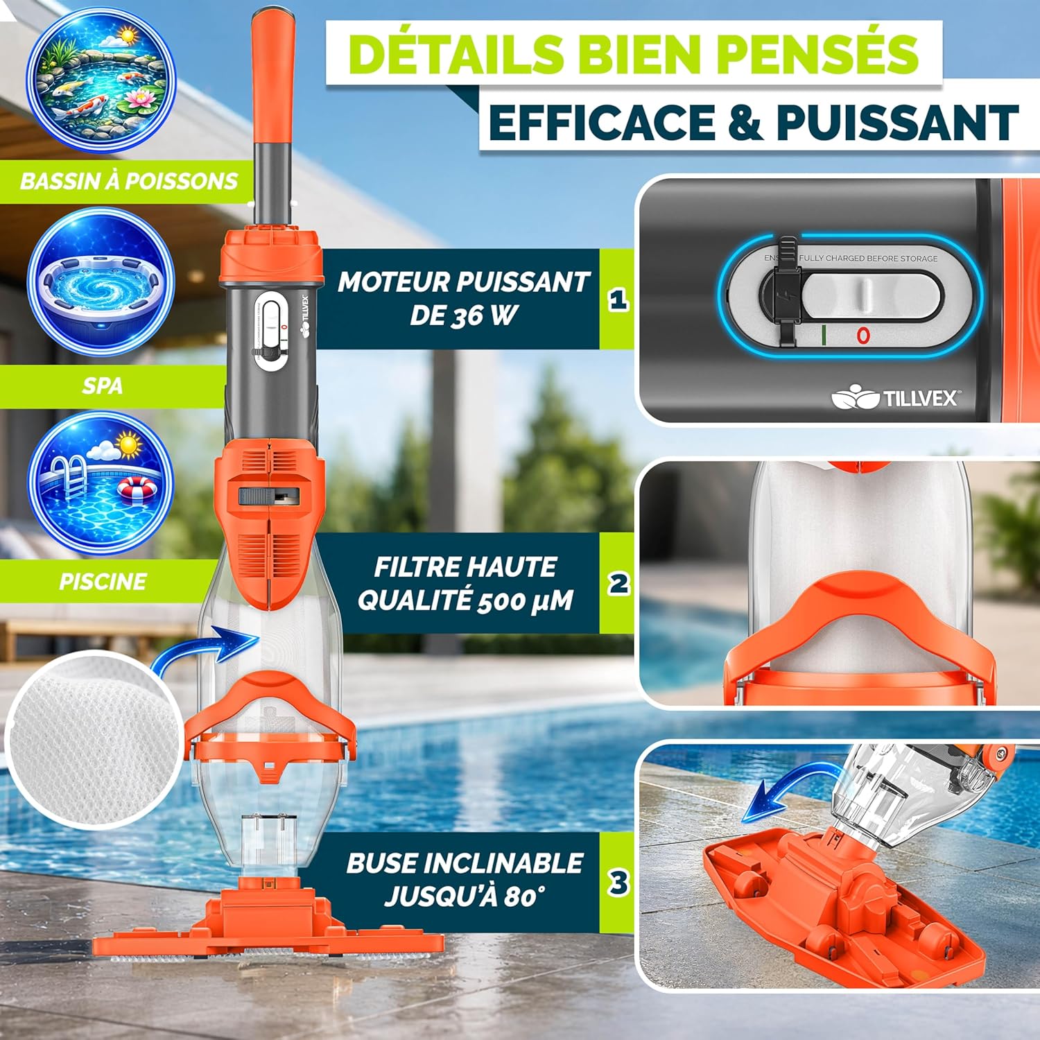 tillvex - Aspirateur piscine électrique, manche téléscopique, 60 min autonomie, filtre intégré