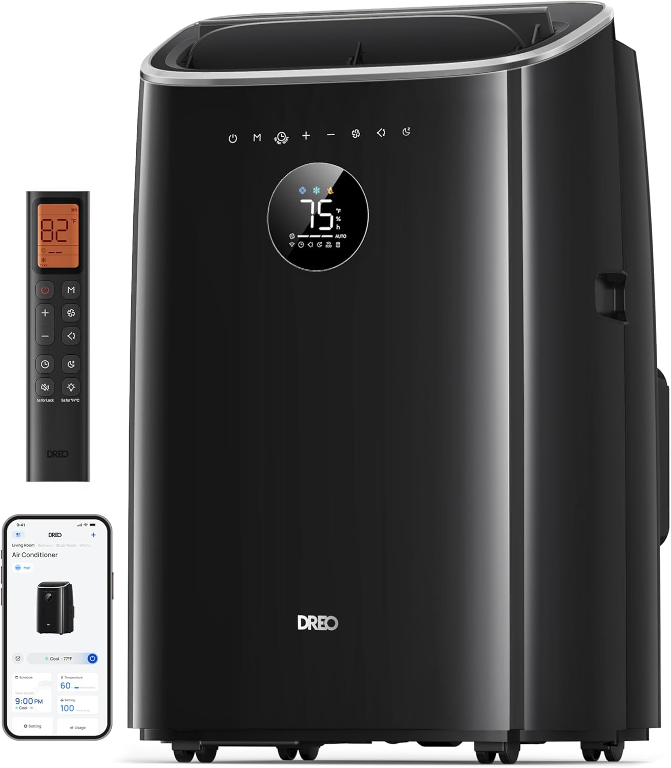 DREO climatiseur mobile 7500 BTU 3-en-1 refroidissement/ventilation/déshumidification, silencieux pour chambre ou bureau, contrôle par app et voix, sans drainage, kit fenêtre, 2,5 L/h, AC318S