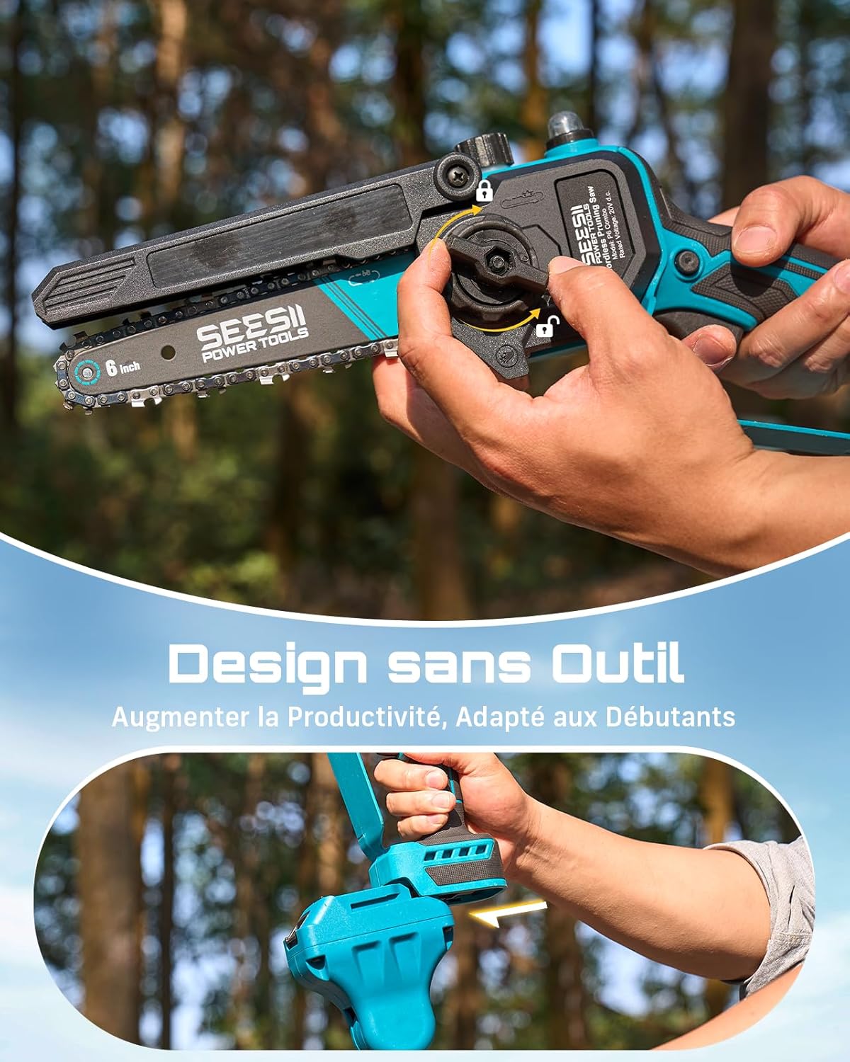 SEESII P6 Combo 6 Pouces Mini Tronconneuse avec Perche & 33 mm Secateur Electrique, 4-en-1 Ensemble d’Outils de Jardin avec 2 * 4000 mAh Batteries, Portée Maximale Jusqu’à 4,57 m