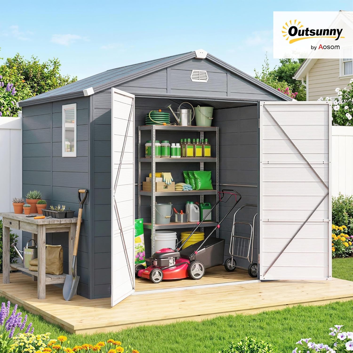 Outsunny - abri de jardin résine 240x190x228cm - 4,6m², fondation alu, portes loquet, 3 fenêtres