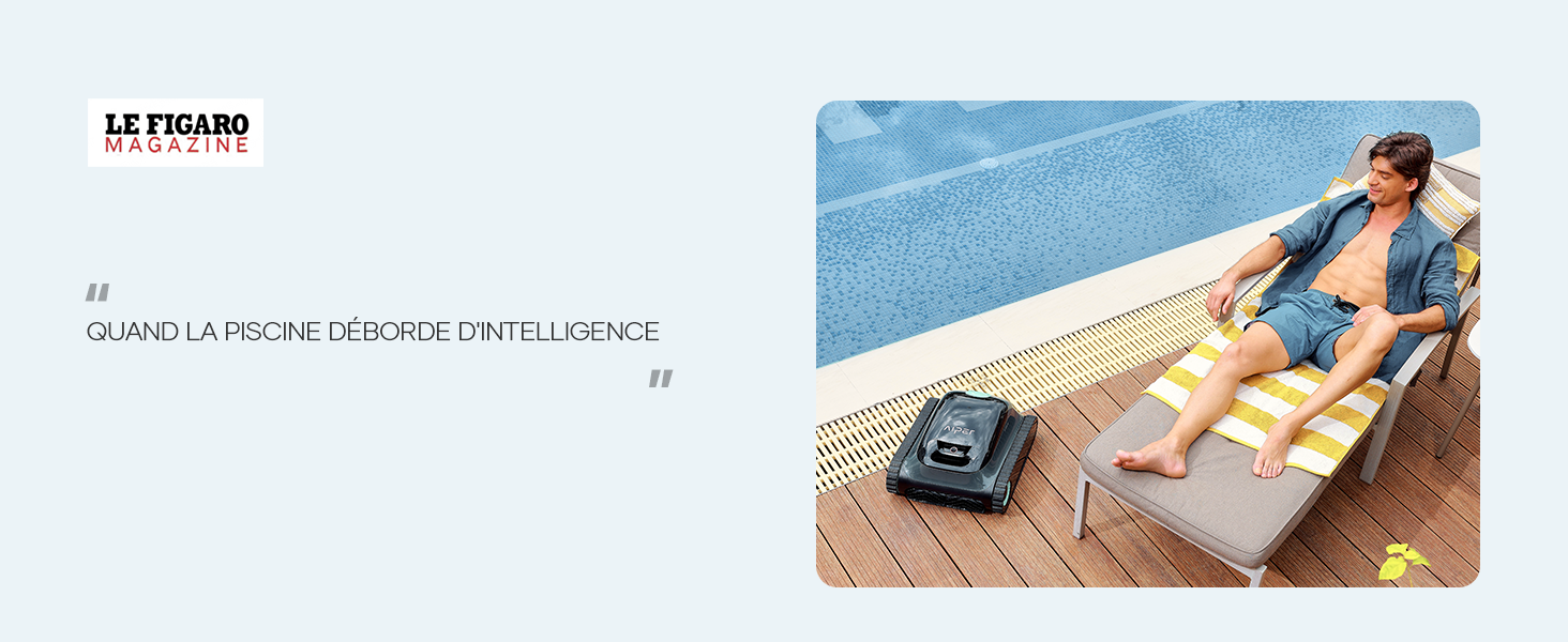 sur le pont à côté d'une personne qui se prélasse. Appareil de couleur foncée de forme rectangulaire compacte conçu pour l'entretien automatique de la piscine