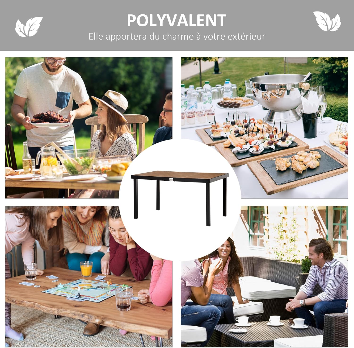 Outsunny - Table à manger jardin, 140x90x74 cm, aluminium bois naturel