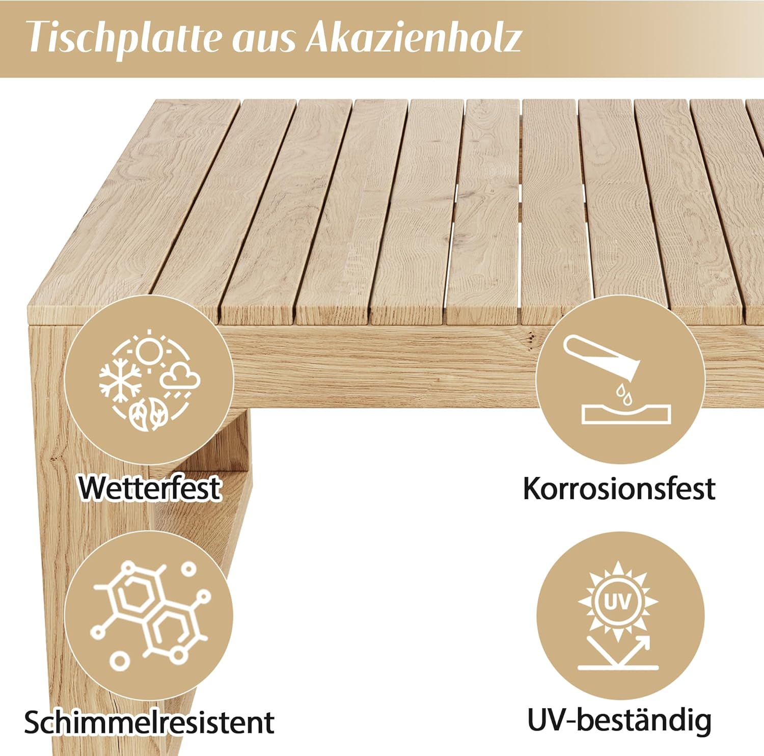 Sapgaks - salon de jardin extérieur, 6/8 pers., acacia naturel, table basse, chaises, crème