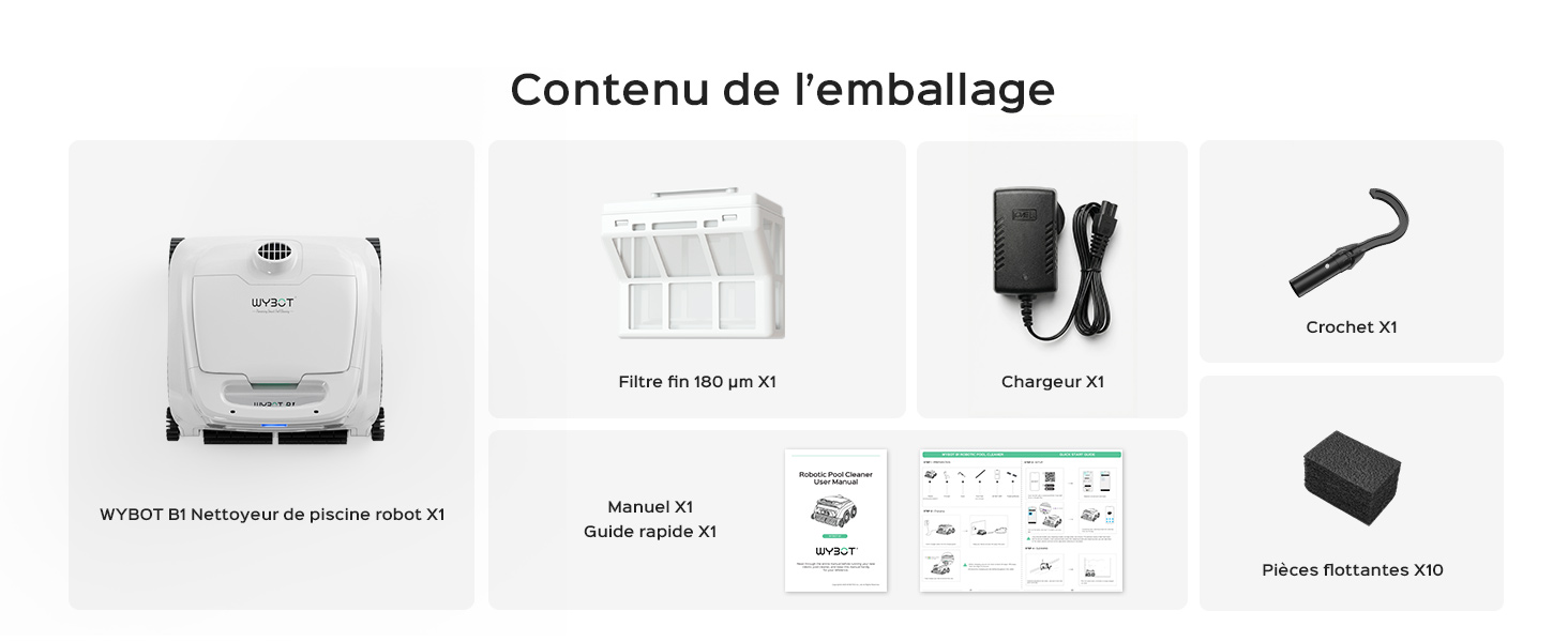 Le texte se lit comme suit : « Contenu de l'emballage ». Quatre images du produit affichées : unité blanche, manuel/documentation de l'utilisateur, câbles et connecteurs d'alimentation et adaptateur secteur noir.