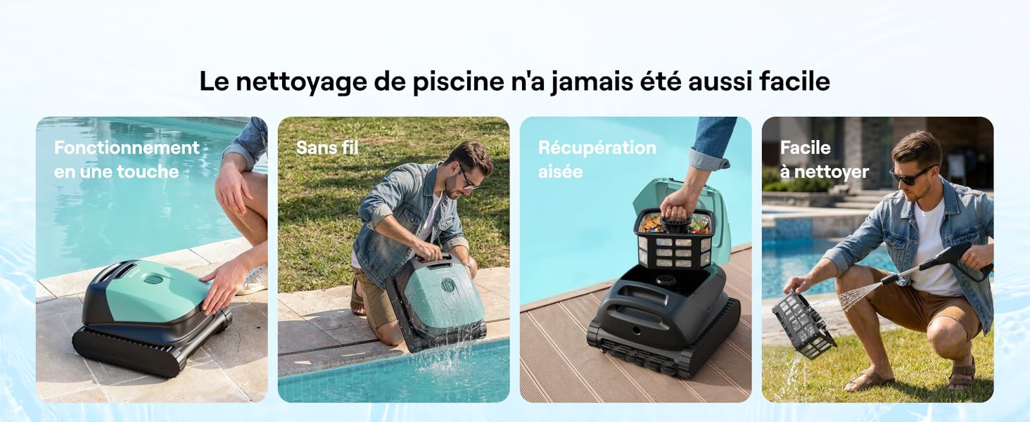 Collage d'images de démonstration de produits de nettoyage montrant diverses surfaces et outils de nettoyage utilisés sur différents matériaux.