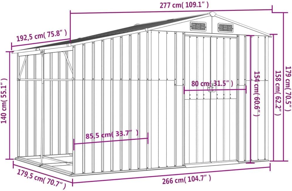 vidaXL Abri de Jardin, Cabane à Outils avec Poignées, Remise à Outils avec Toit Inclinable, Abri de Rangement Patio, Anthracite 277x192,5x179 cm Acier Galvanisé