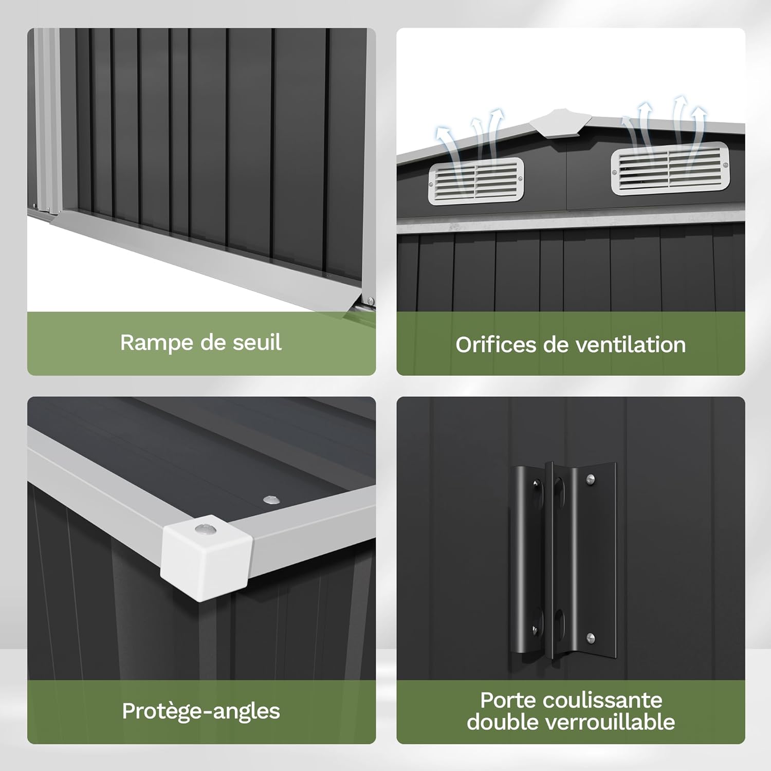 Devoko Abri de Jardin Métallique 8x6ft, Grand Rangement Extérieur pour Outils, Vélos et Poubelles, Toit Penté et Ventilation Inclus, Résistant aux Intempéries, pour Jardin, Terrasse et Pelouse, Noir