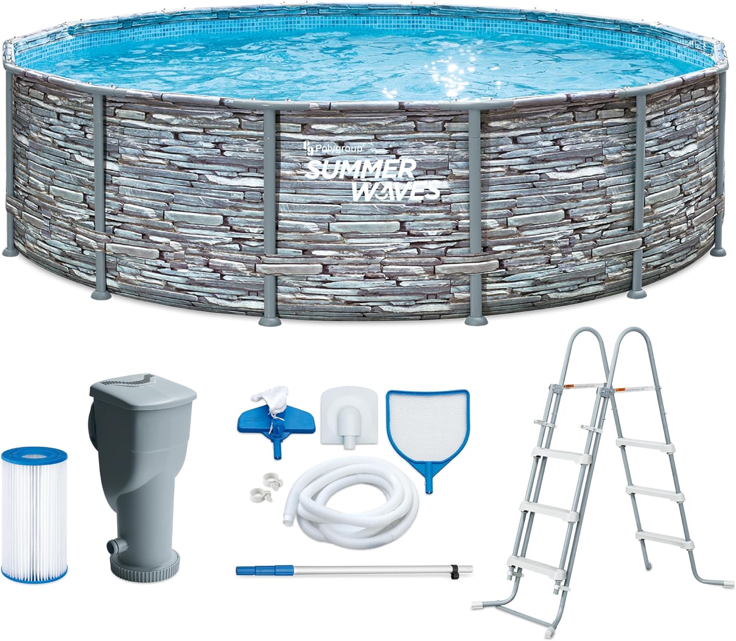 Summer Waves - Frame Pool Kit rond - 427x107 cm - aspect pierre grise, pompe à filtre
