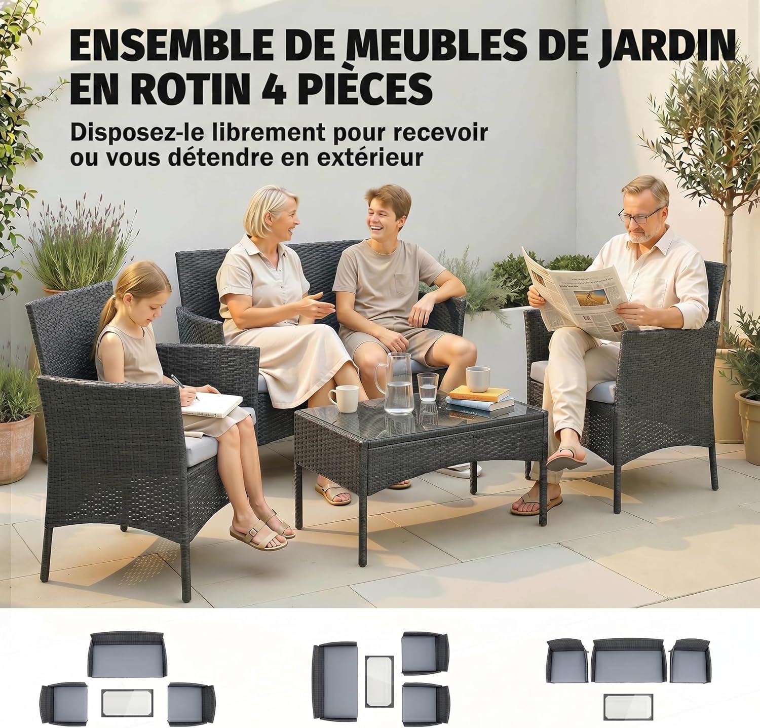 Outsunny - Salon de Jardin 4 pers - résine tressée, coussins, table verre, gris