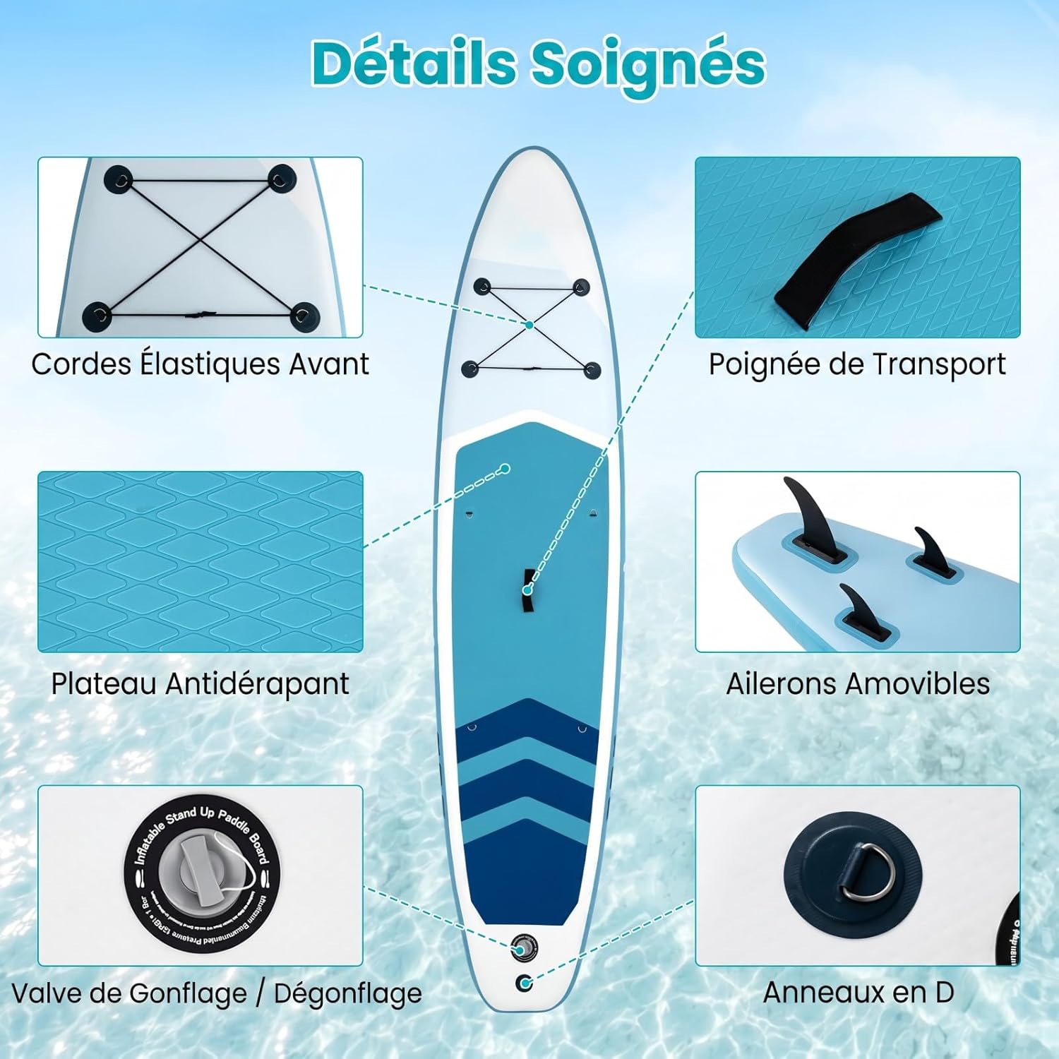 HOMASIS 336 x 77 x 16 cm Planche à Pagaie Gonflable, Planche de Surf avec Pagaie Réglable, Pompe à Main, 3 Ailerons, Anneaux en D & Laisse, Paddle Stand Up Léger pour Surf, Lacs, Mers