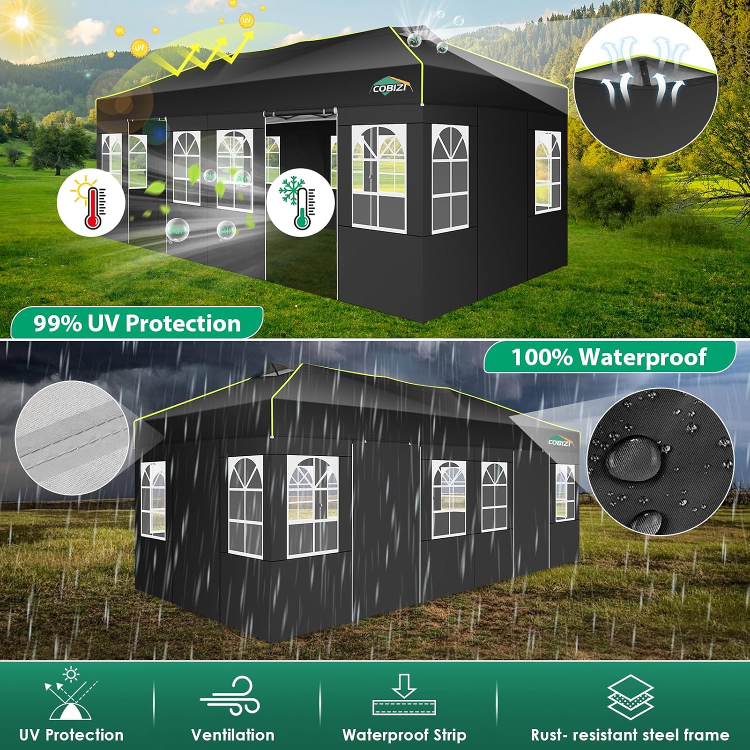 COBIZI - Tonnelle pliante série Barnum - 3x6m - imperméable, panneaux latéraux, anti-UV, ventilation