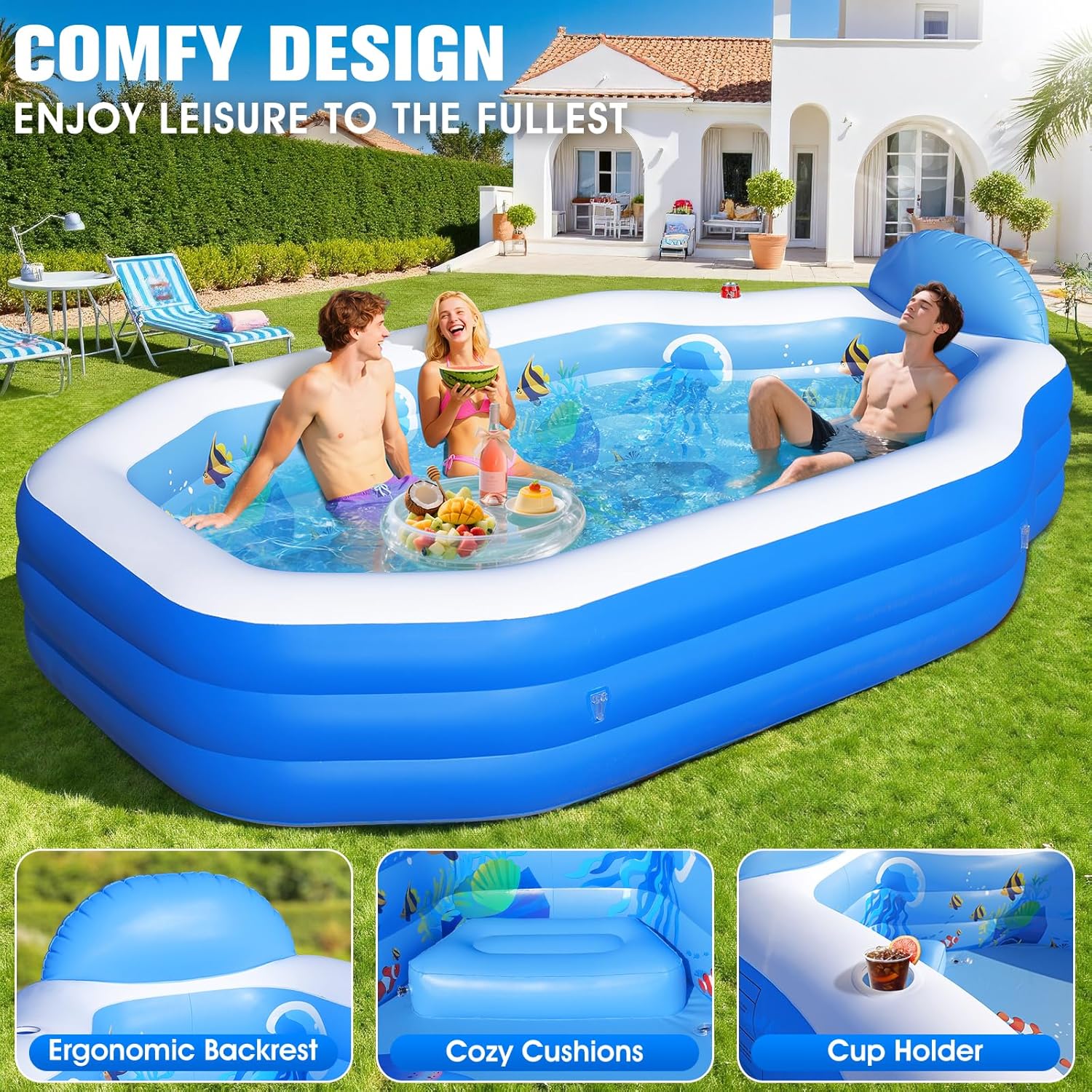 ChlorBlu - piscine gonflable avec auvent, 300x190x55cm, sièges, familiale