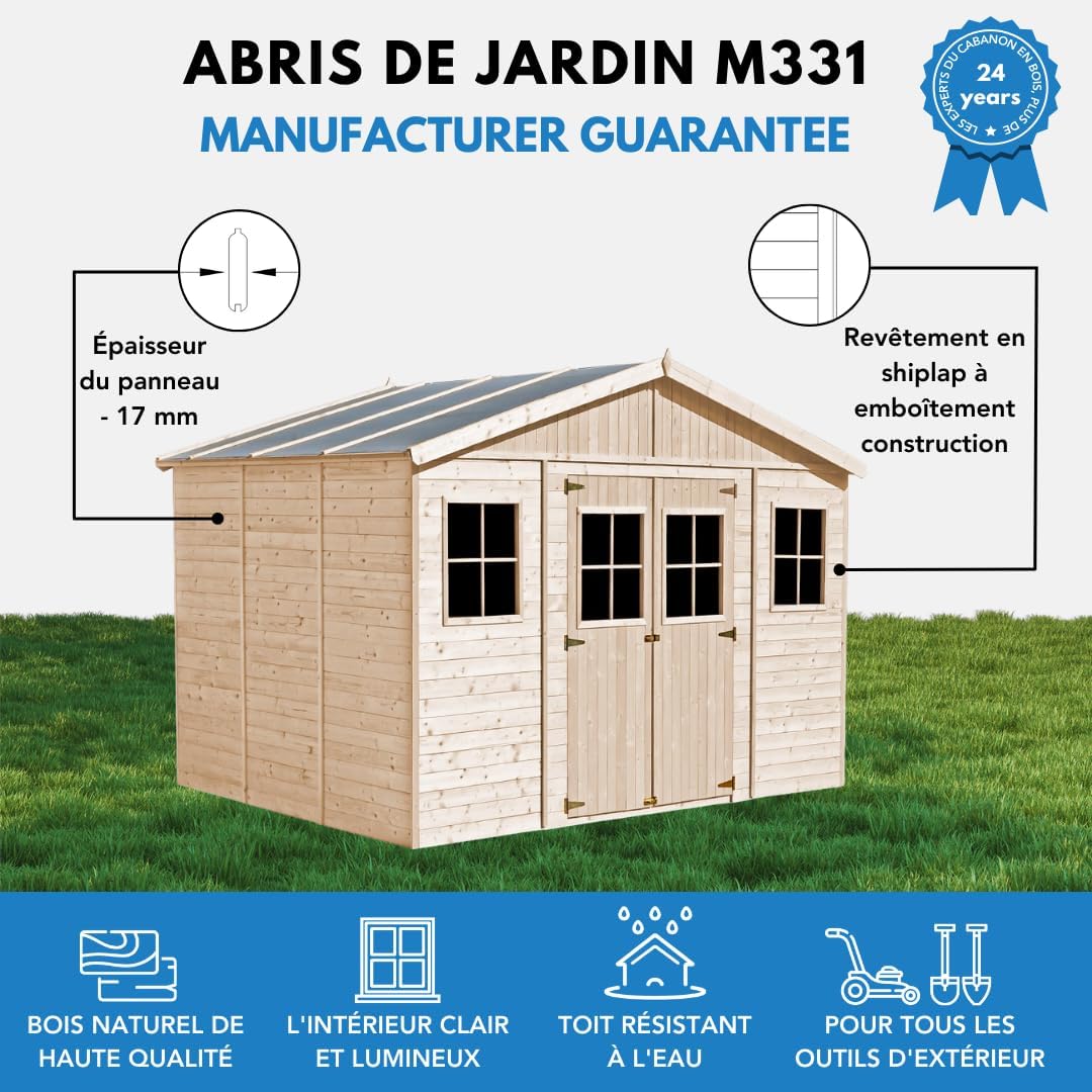 Abri de Jardin en Bois Exterieur avec Plancher IMPRÉGNÉ- Chalet en Pin/épicéa-H246x418x320 cm/12 m²- Construction de Panneaux - Rangement pour vélos, Remise à Outils- Timbela M331+M331G